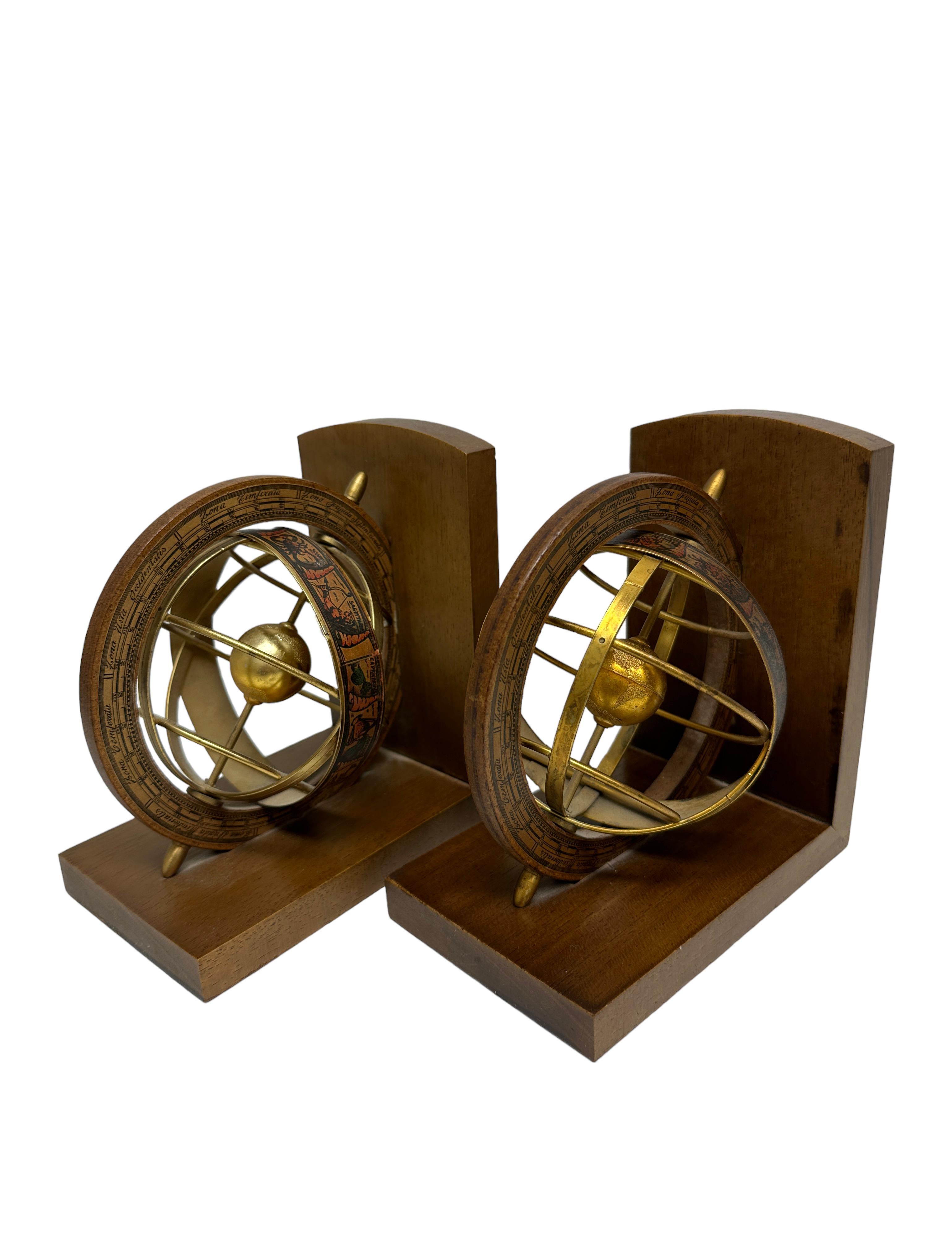 A decorative set of two bookends. Some wear with a nice patina, but this is old-age. Made of brass, copper and a wooden. Found at an estate sale in Vienna, Austria and was made probably in the 1960s. You can use it also as a paperweights on your