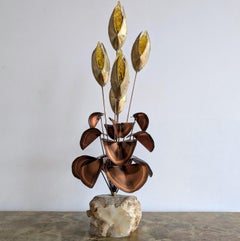 Vintage brass, copper & onyx Brutalist flower sculpture Jere style 1970s USA