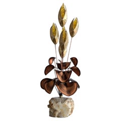 Vintage brass, copper & onyx Brutalist flower sculpture Jere style 1970s USA