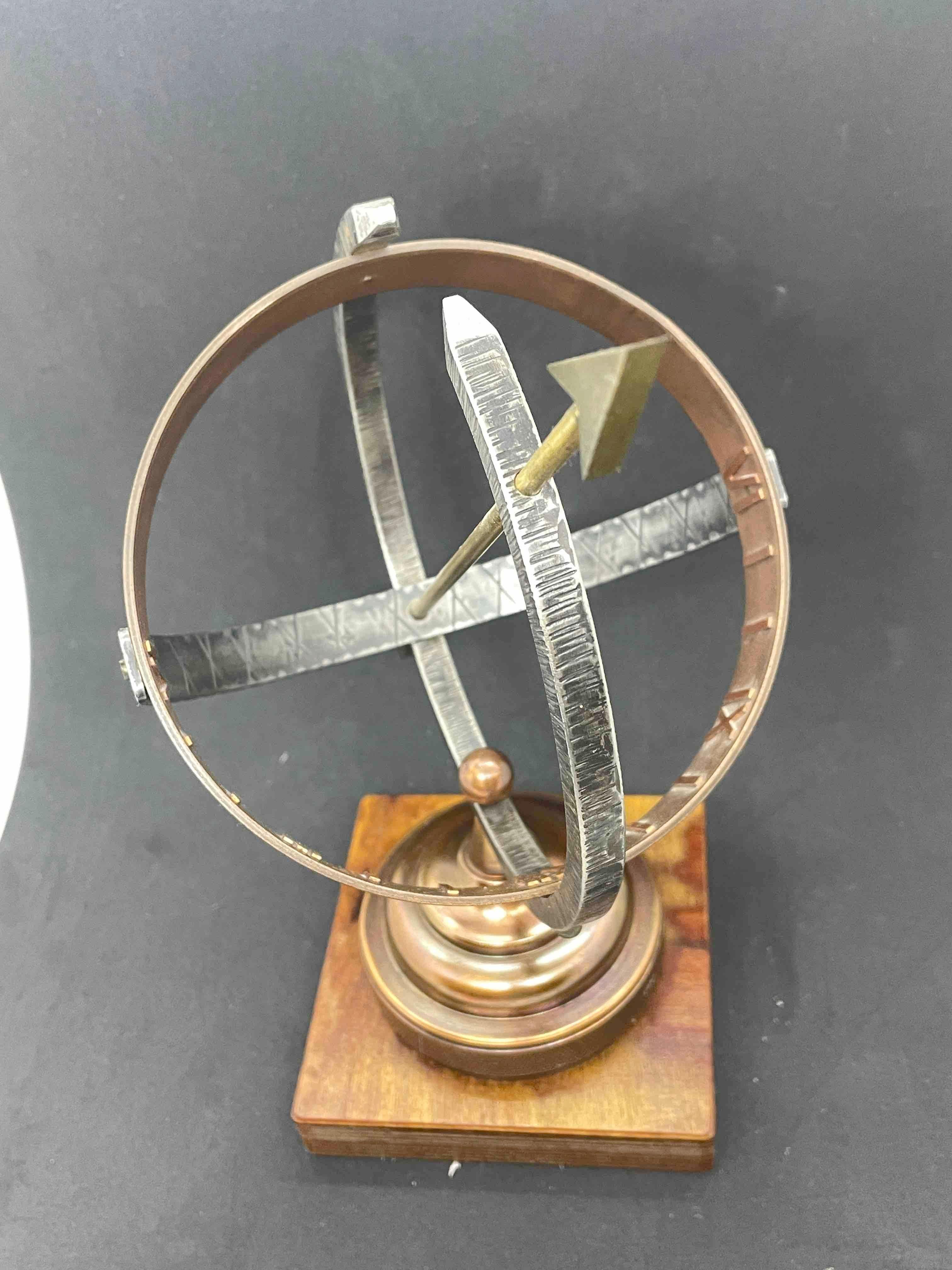 Vintage Brass & Copper Sun Clock Armillary Sun Dial on Wooden Base, German 1960s For Sale 2