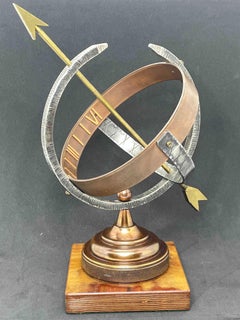 Vintage Brass & Copper Sun Clock Armillary Sun Dial on Wooden Base, German 1960s