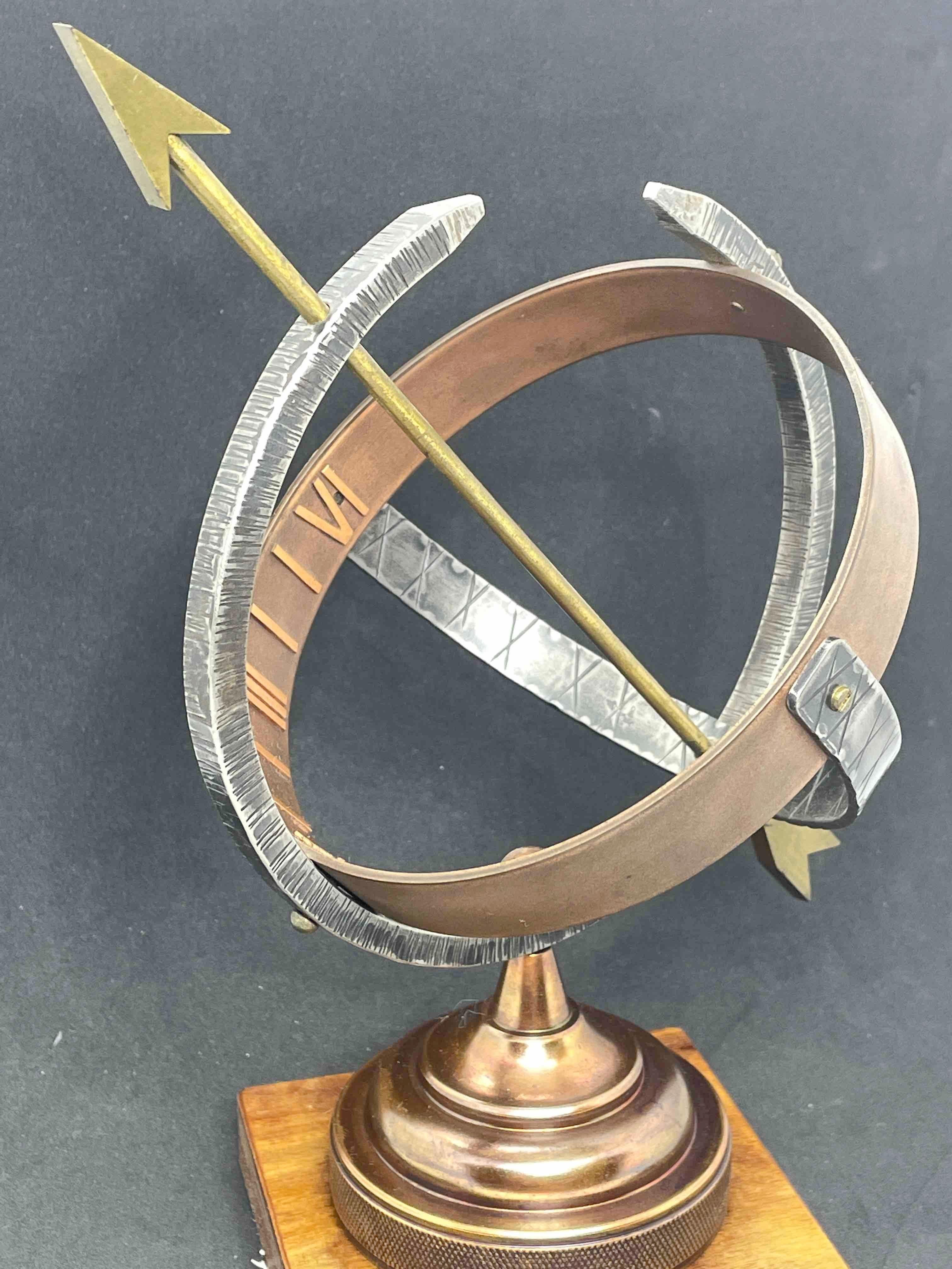 Hand-Crafted Vintage Brass & Copper Sun Clock Armillary Sun Dial on Wooden Base, German 1960s For Sale