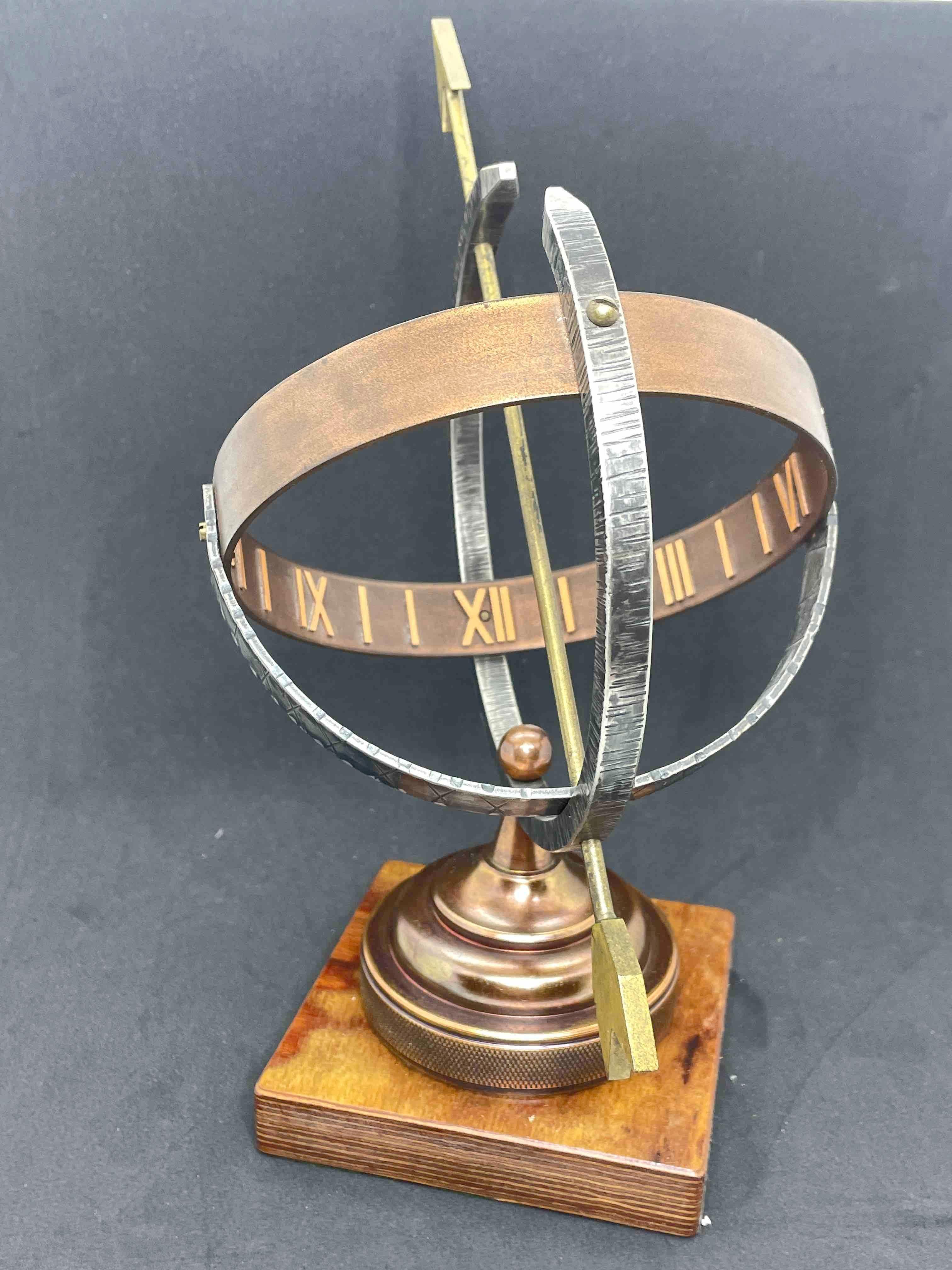 Mid-20th Century Vintage Brass & Copper Sun Clock Armillary Sun Dial on Wooden Base, German 1960s For Sale