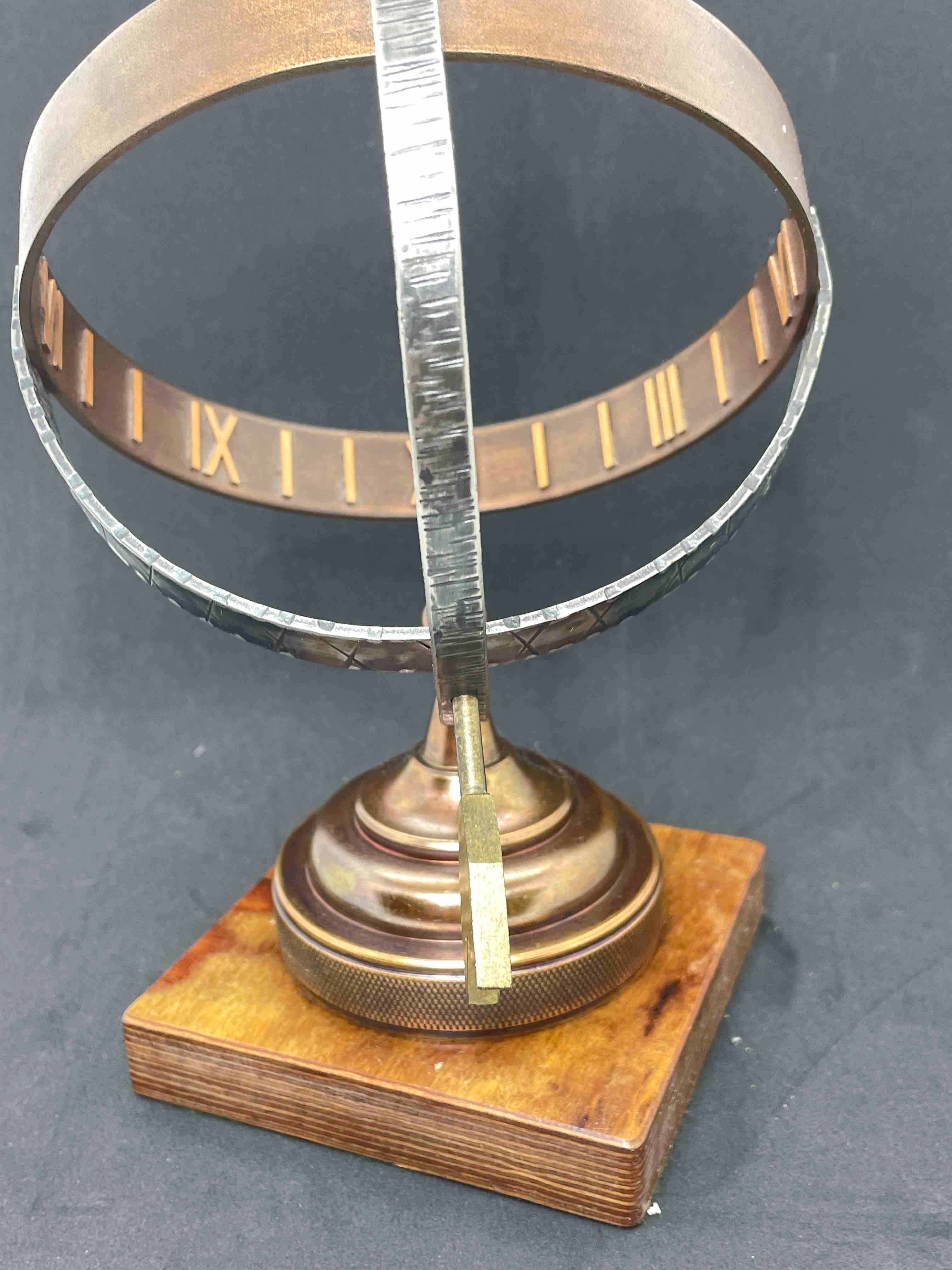 Metal Vintage Brass & Copper Sun Clock Armillary Sun Dial on Wooden Base, German 1960s For Sale
