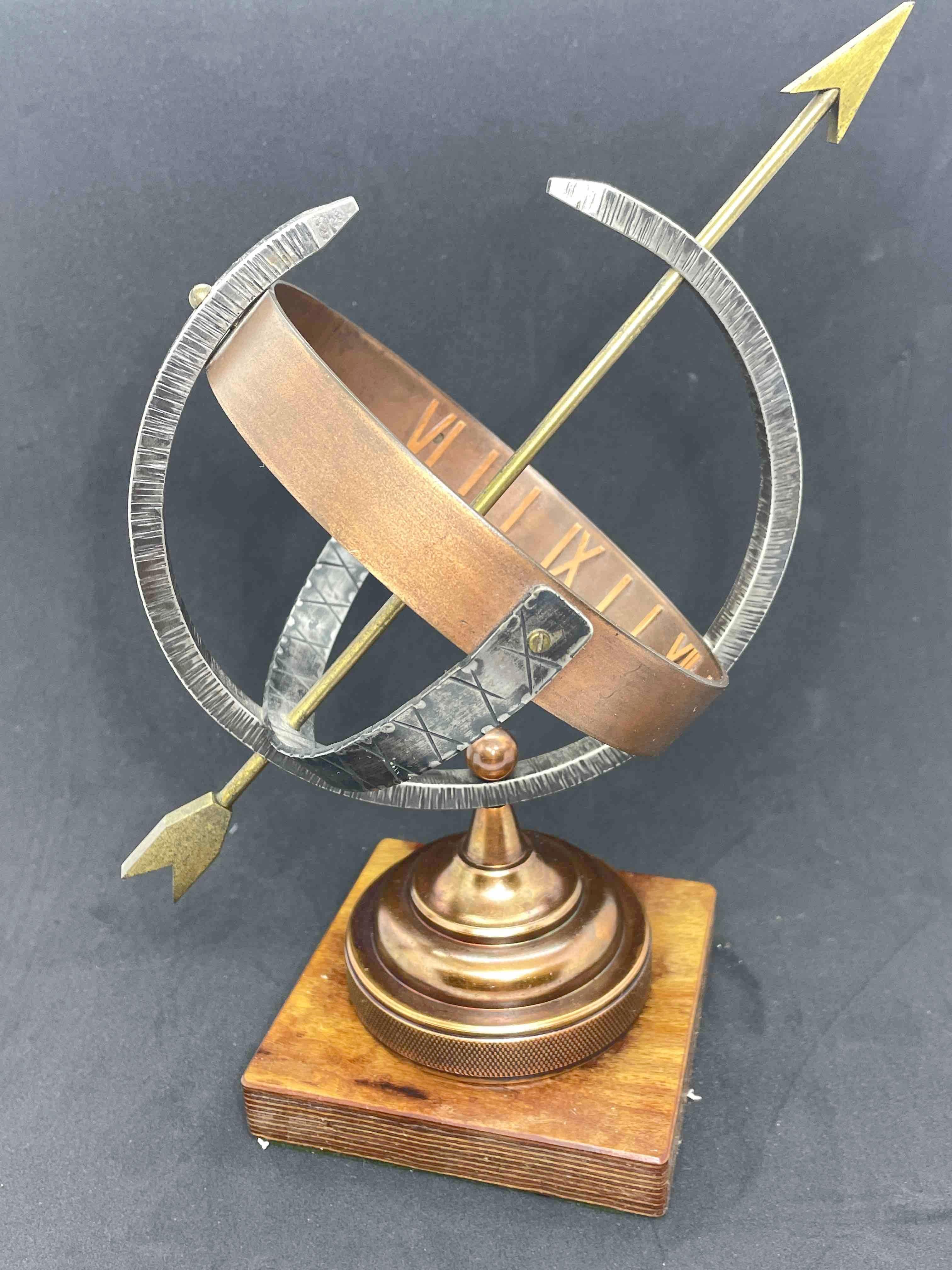 Vintage Brass & Copper Sun Clock Armillary Sun Dial on Wooden Base, German 1960s For Sale 1
