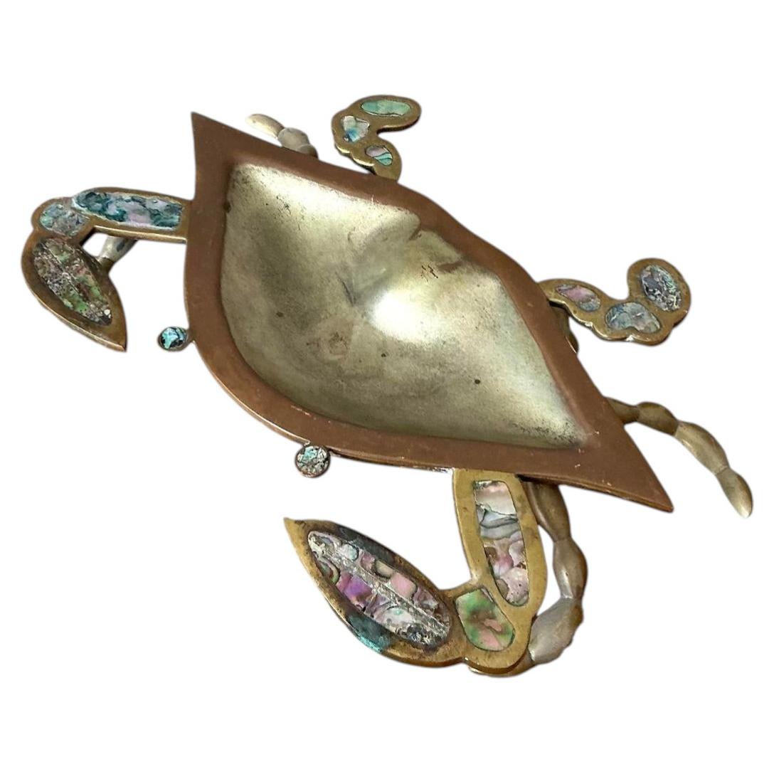 Vintage Brass Crab Bowl With Mother of Pearl Inlay