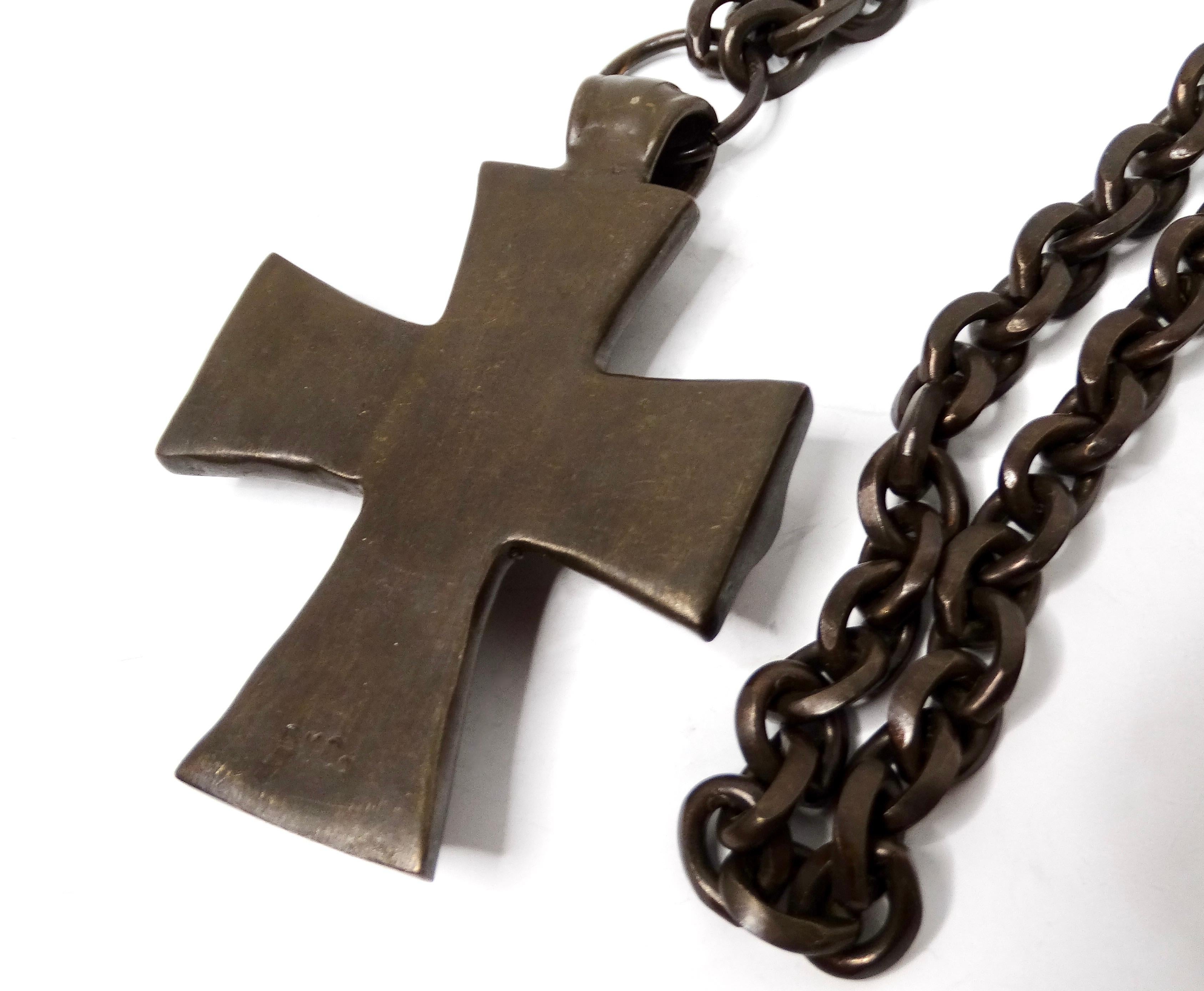 Vintage Brass Cross Pendant Long Chain Necklace For Sale 1