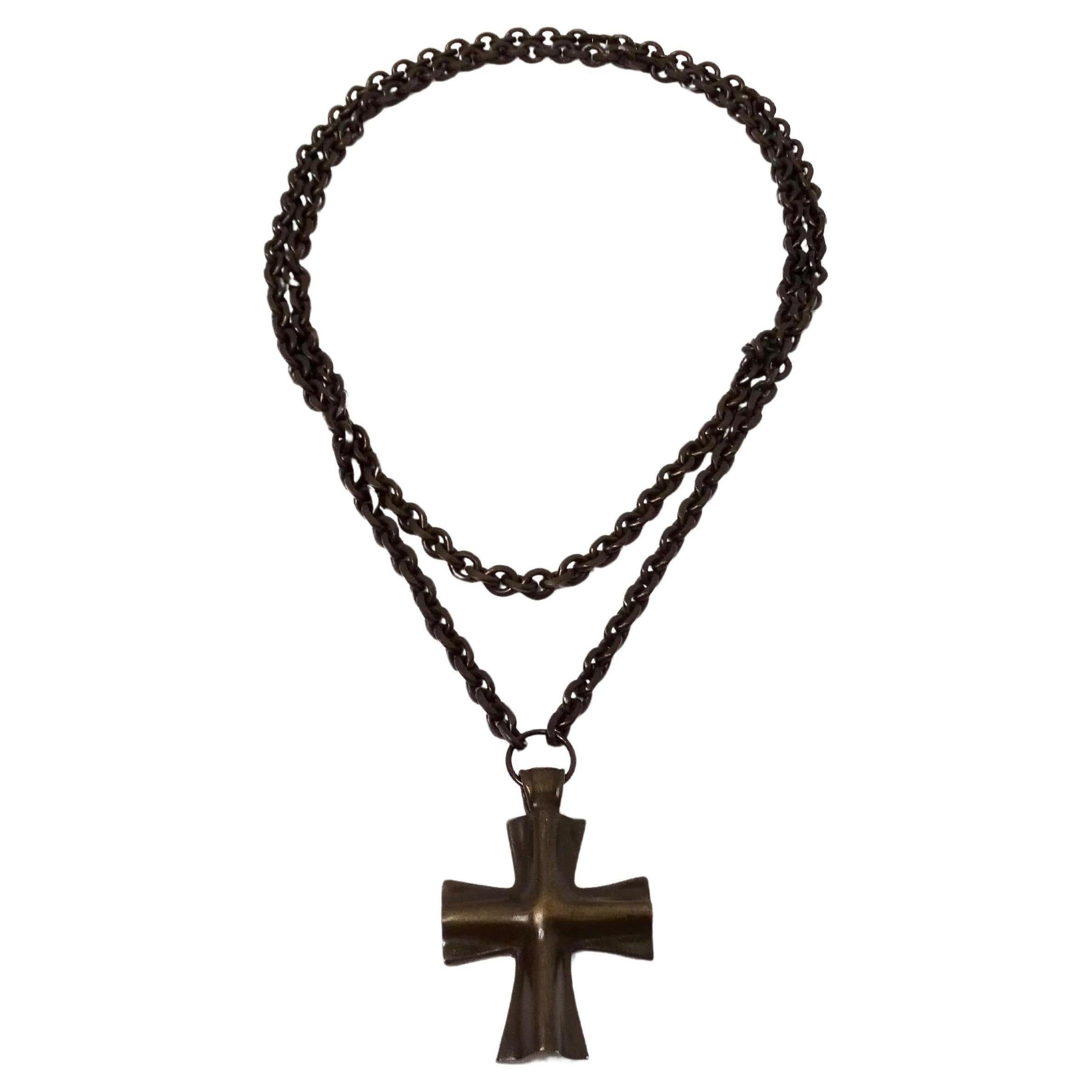 Vintage Brass Cross Pendant Long Chain Necklace For Sale