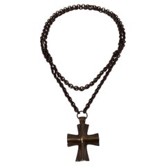 Vintage Brass Cross Pendant Long Chain Necklace