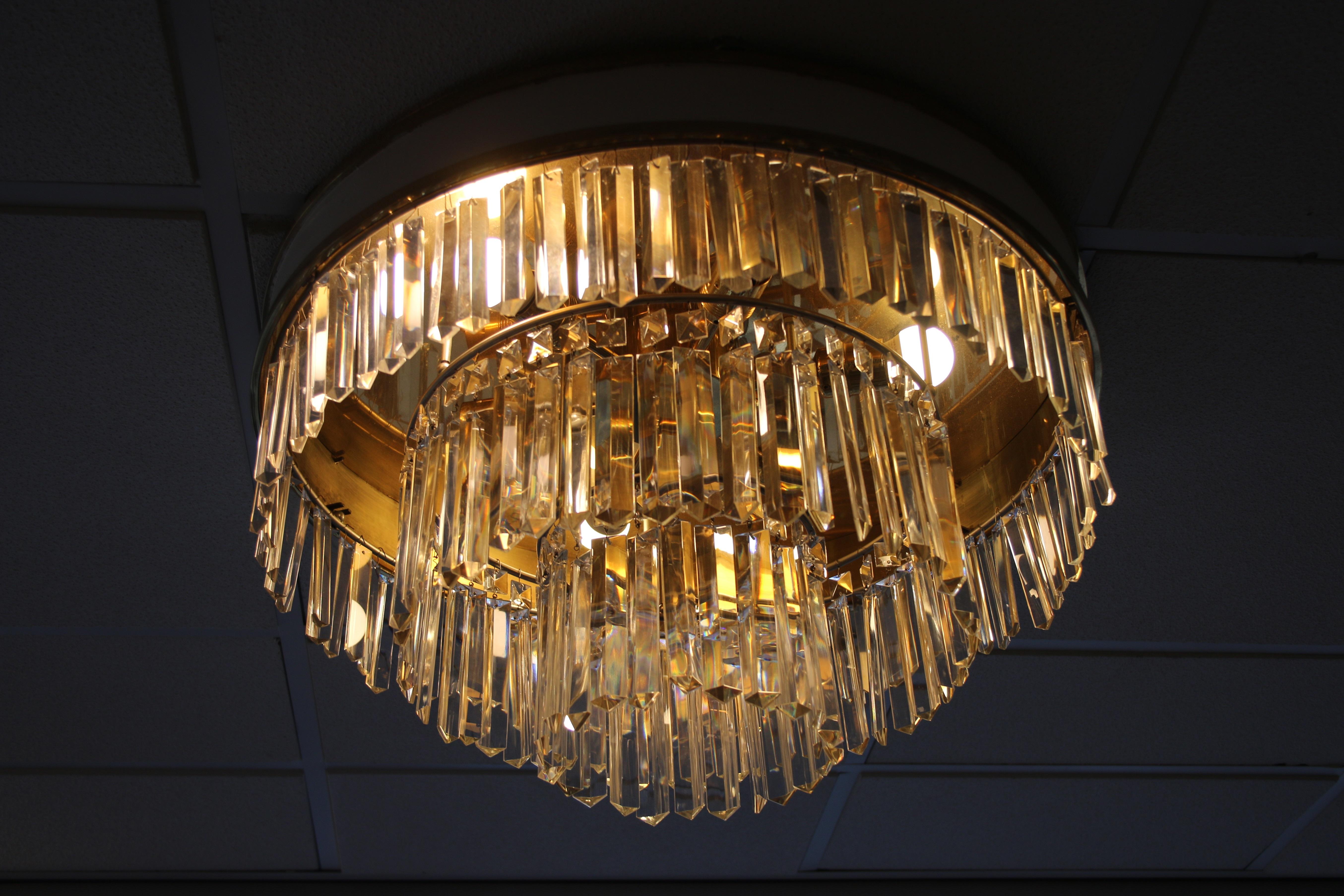 Hollywood Regency Vintage Brass Crystal Ceiling Lamp Set of 2 XXl LA Reideinger