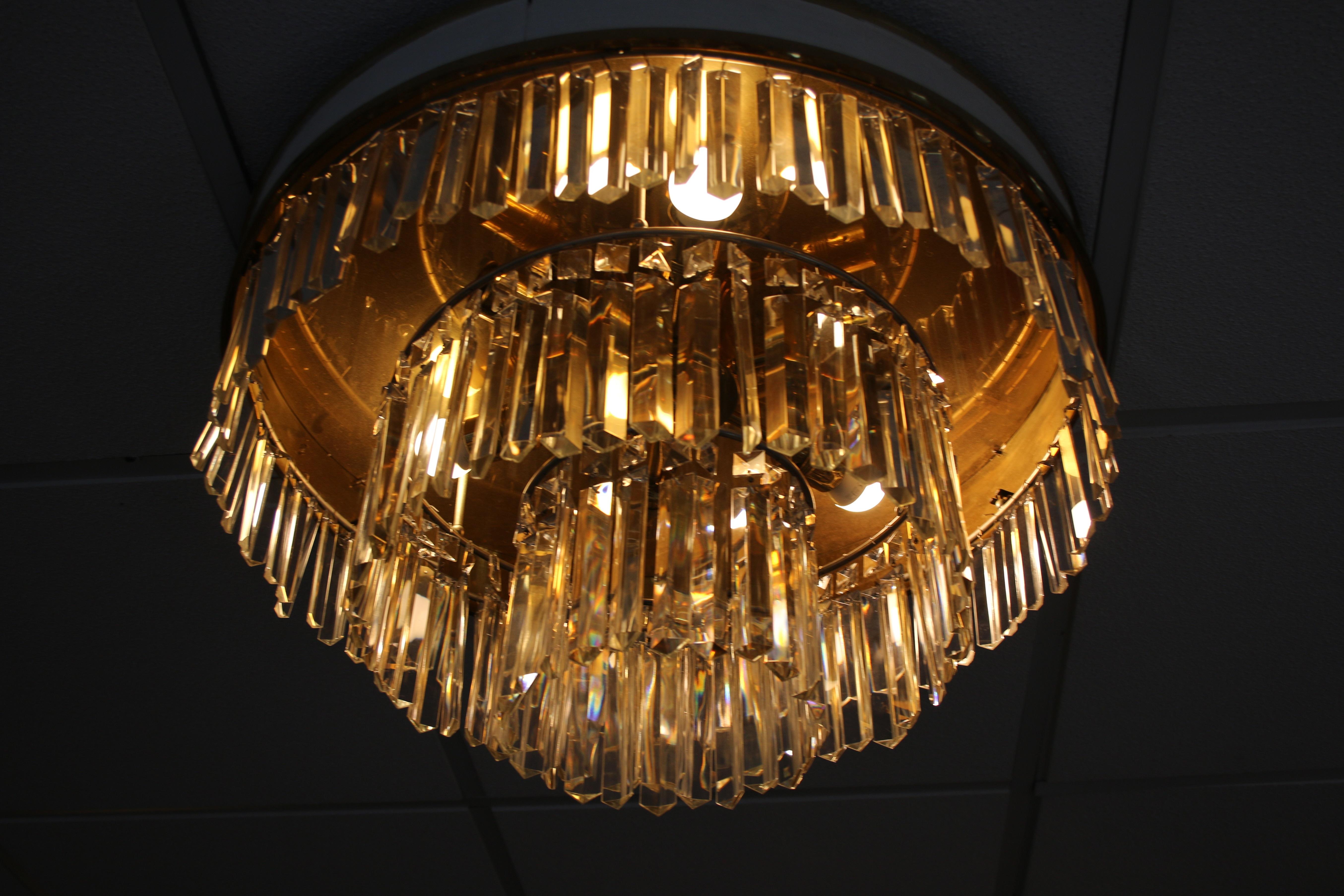 German Vintage Brass Crystal Ceiling Lamp Set of 2 XXl LA Reideinger