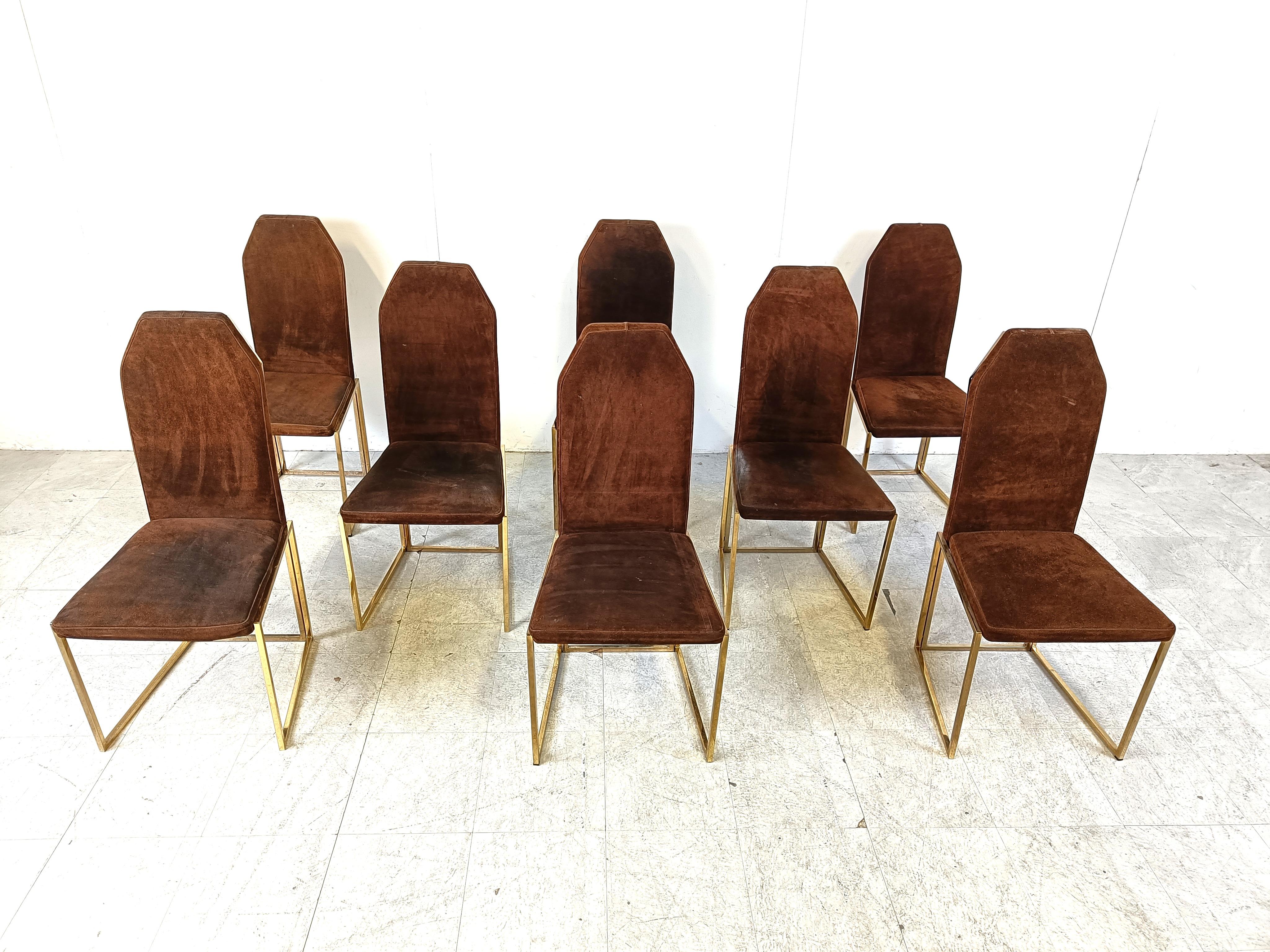 Set of six elegant high back dining room chairs manufactured by Belgochrom.

The chairs consist of fine brass frames upholstered with the original brown alcantara.

They look good in modern day interiors.

Belgochrom used to produce high end