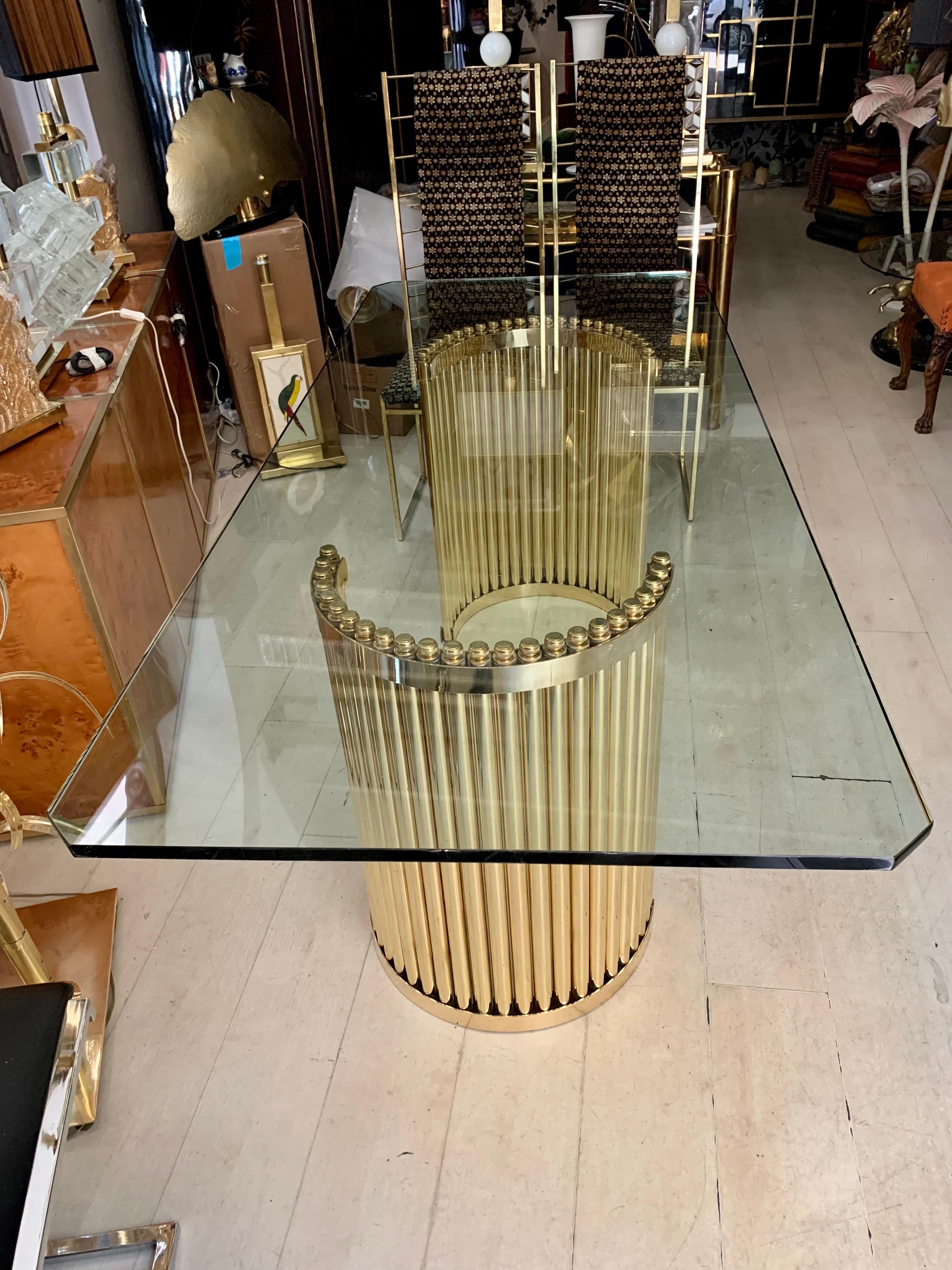 Italian Vintage Brass Dining Table with Crystal Top, 1980s For Sale