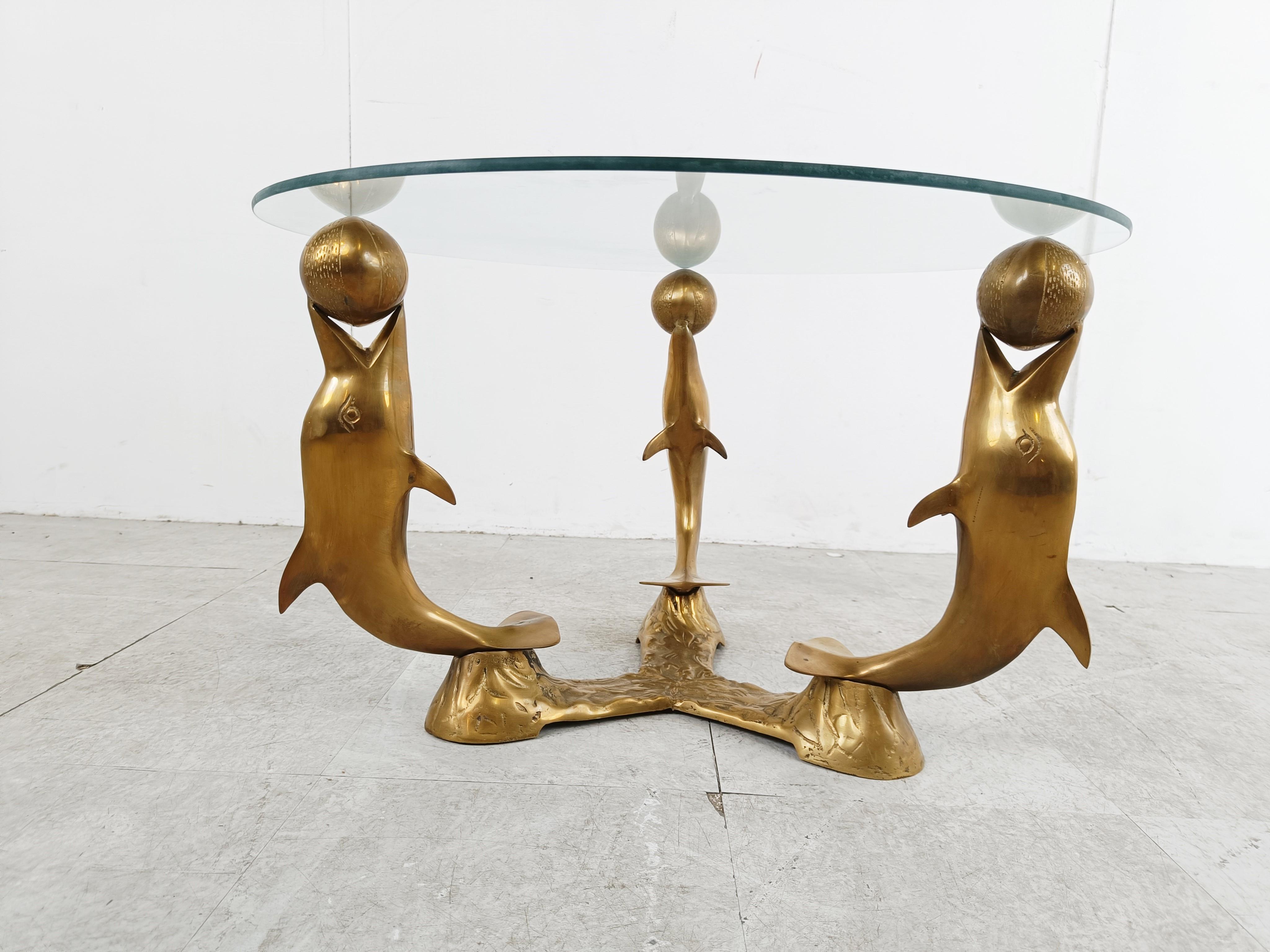 Hollywood Regency Vintage brass dolphin  coffee table, 1970s For Sale