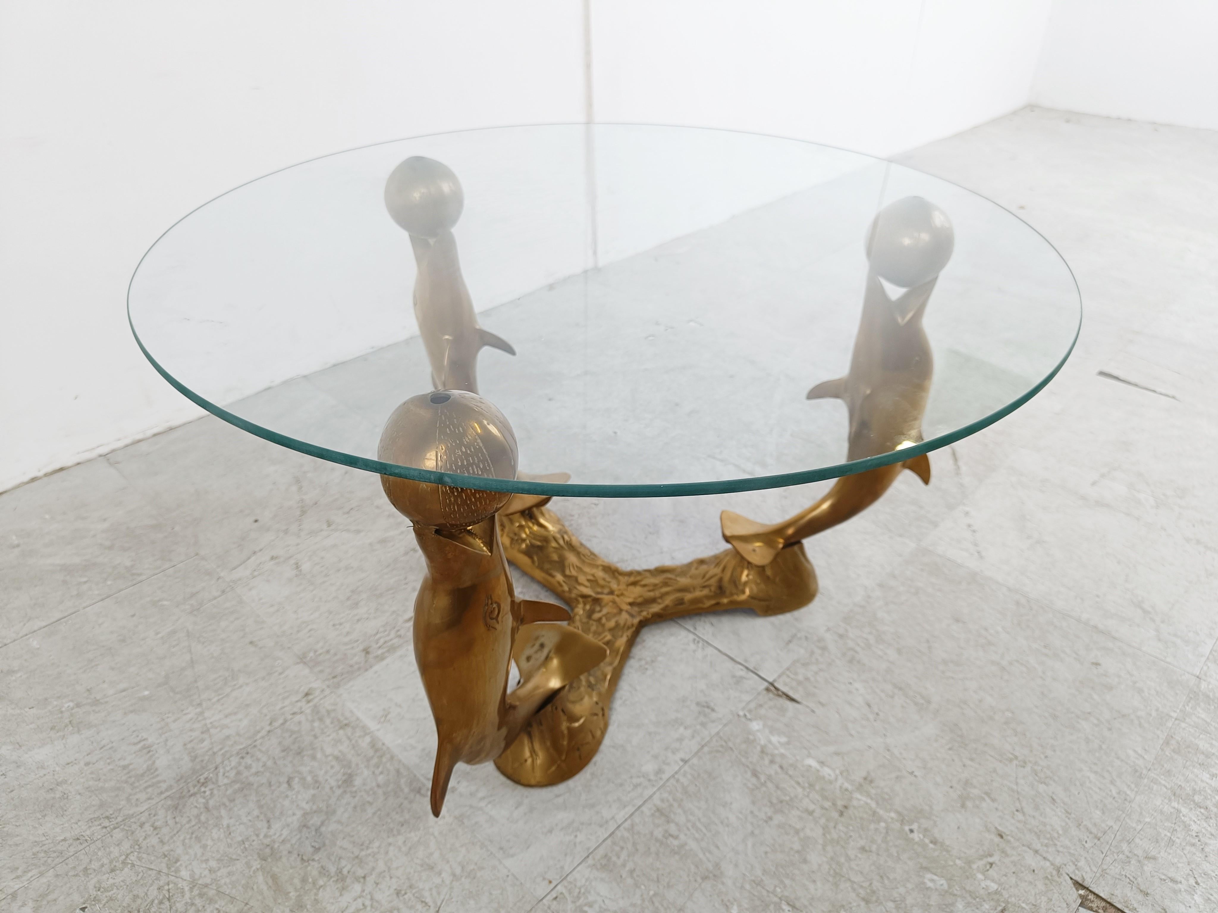 Belgian Vintage brass dolphin  coffee table, 1970s For Sale