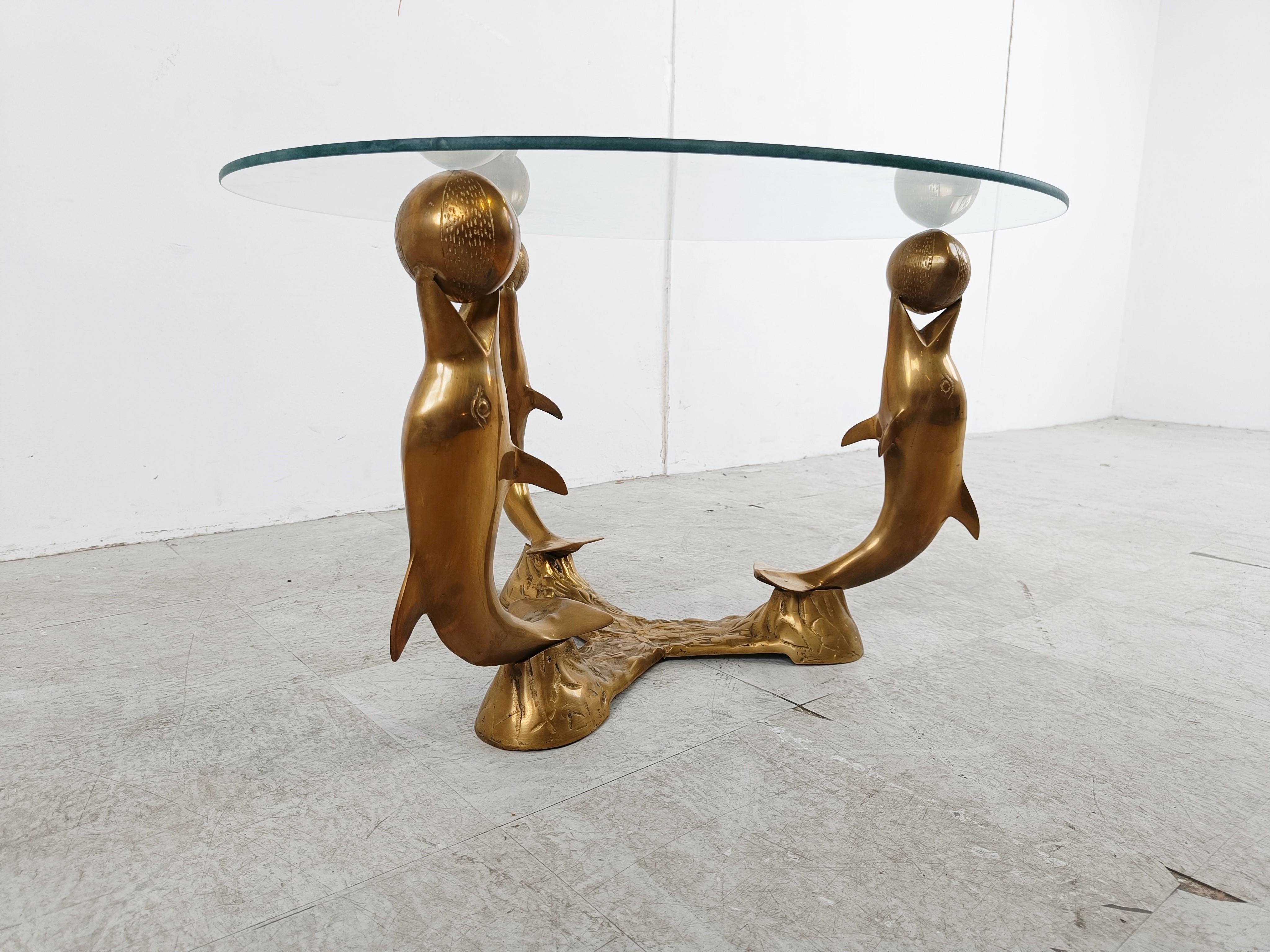 Vintage brass dolphin  coffee table, 1970s In Good Condition For Sale In HEVERLEE, BE