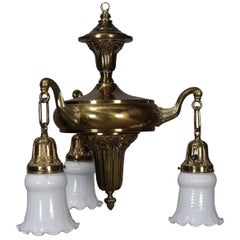 Vintage Brass Drop-Light Chandelier with Cased Art Glass Shades, circa 1940