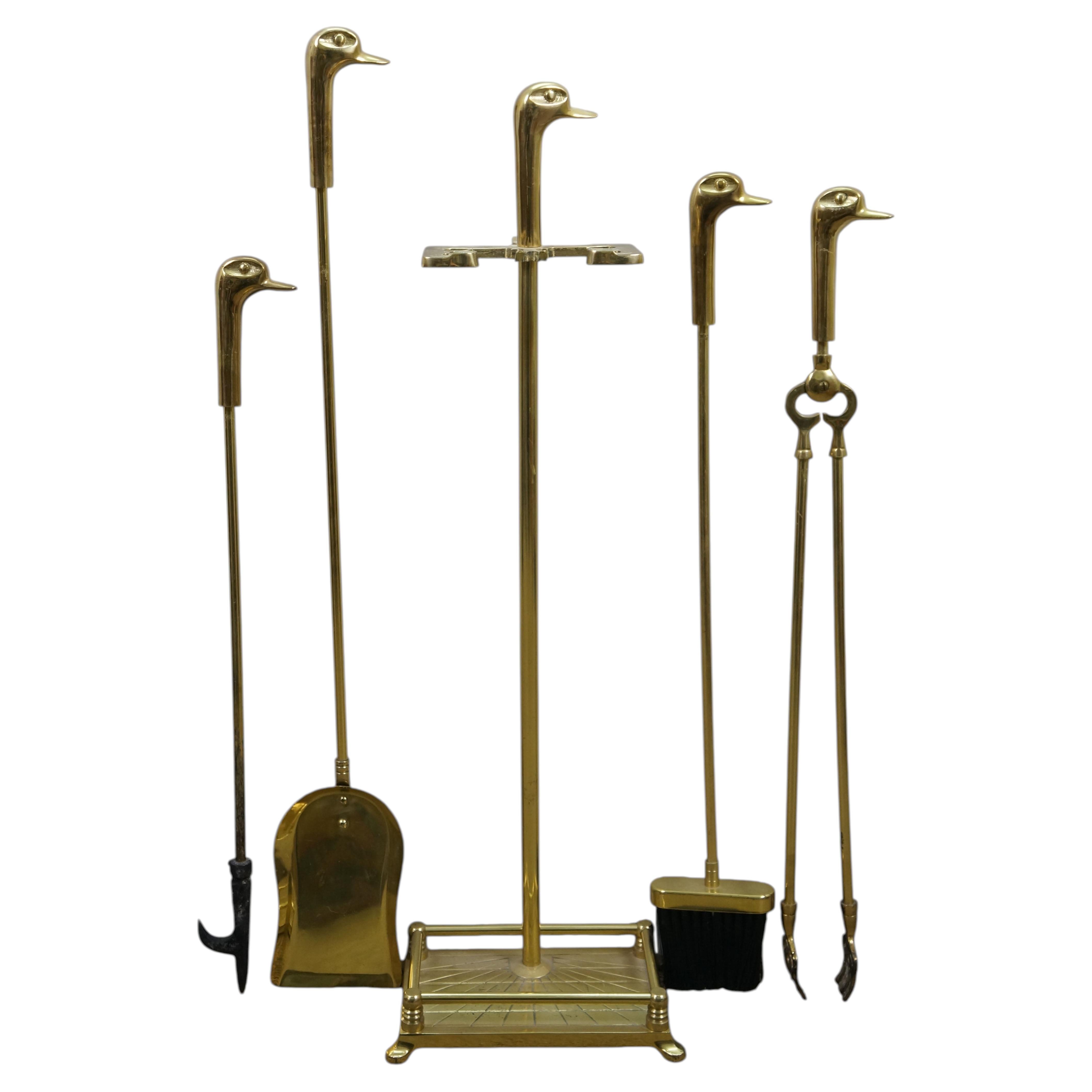 Vintage Brass Duck Goose Mallard Head Hearthware Fireplace Tool Set 32"
