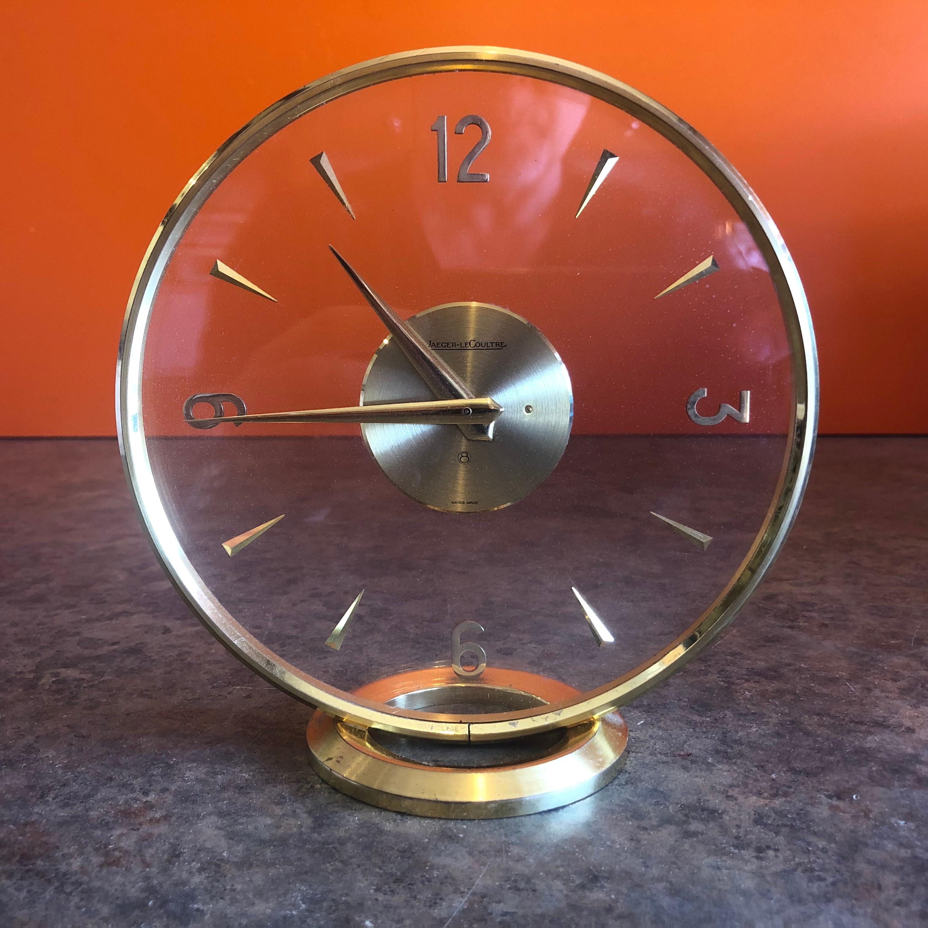 Swiss Vintage Brass Eight Day Mystery Desk Clock by Jeager-LeCoultre