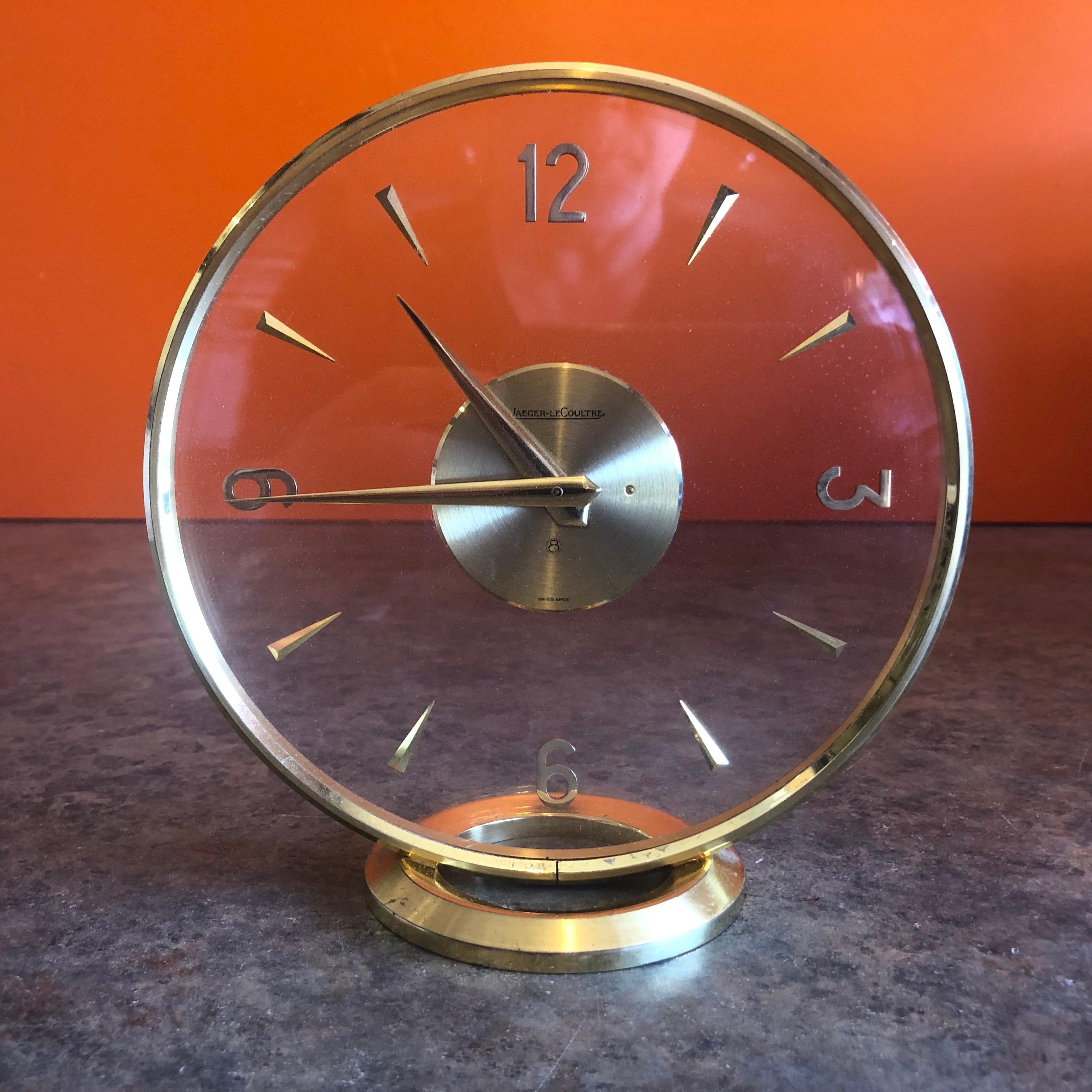 Vintage Brass Eight Day Mystery Desk Clock by Jeager-LeCoultre In Good Condition In San Diego, CA