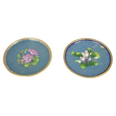 Vintage Brass Enamel Blue & Gold Floral Cloisonne Small Trinket Dish Set - Pair