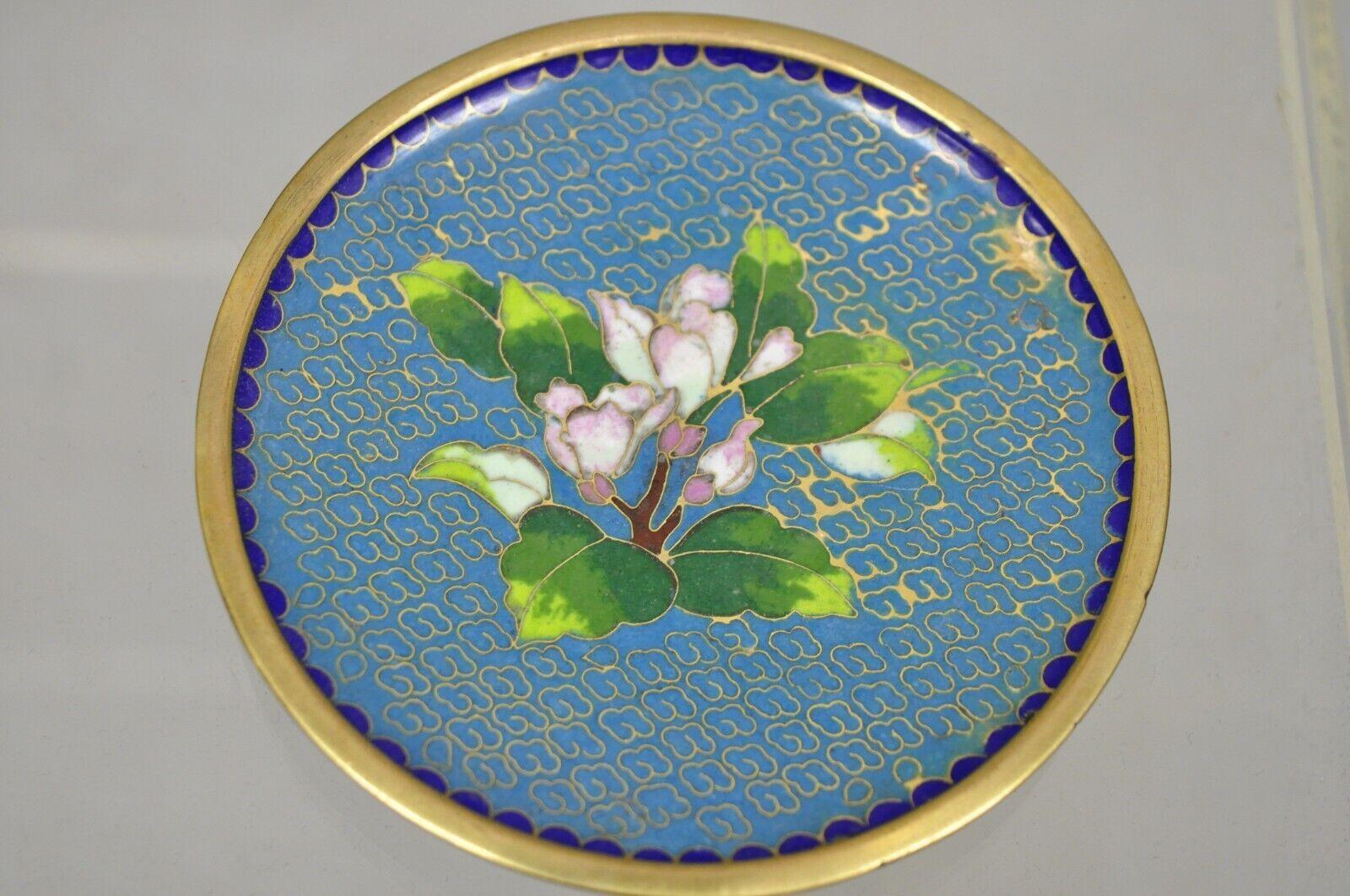 Chinoiserie Vintage Brass Enamel Cloisonne Small Trinket Dish Set - Blue For Sale