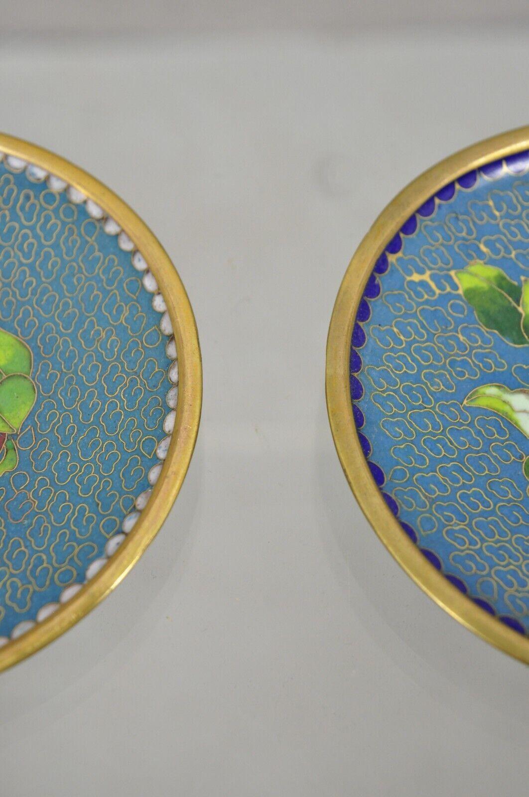 20th Century Vintage Brass Enamel Cloisonne Small Trinket Dish Set - Blue For Sale
