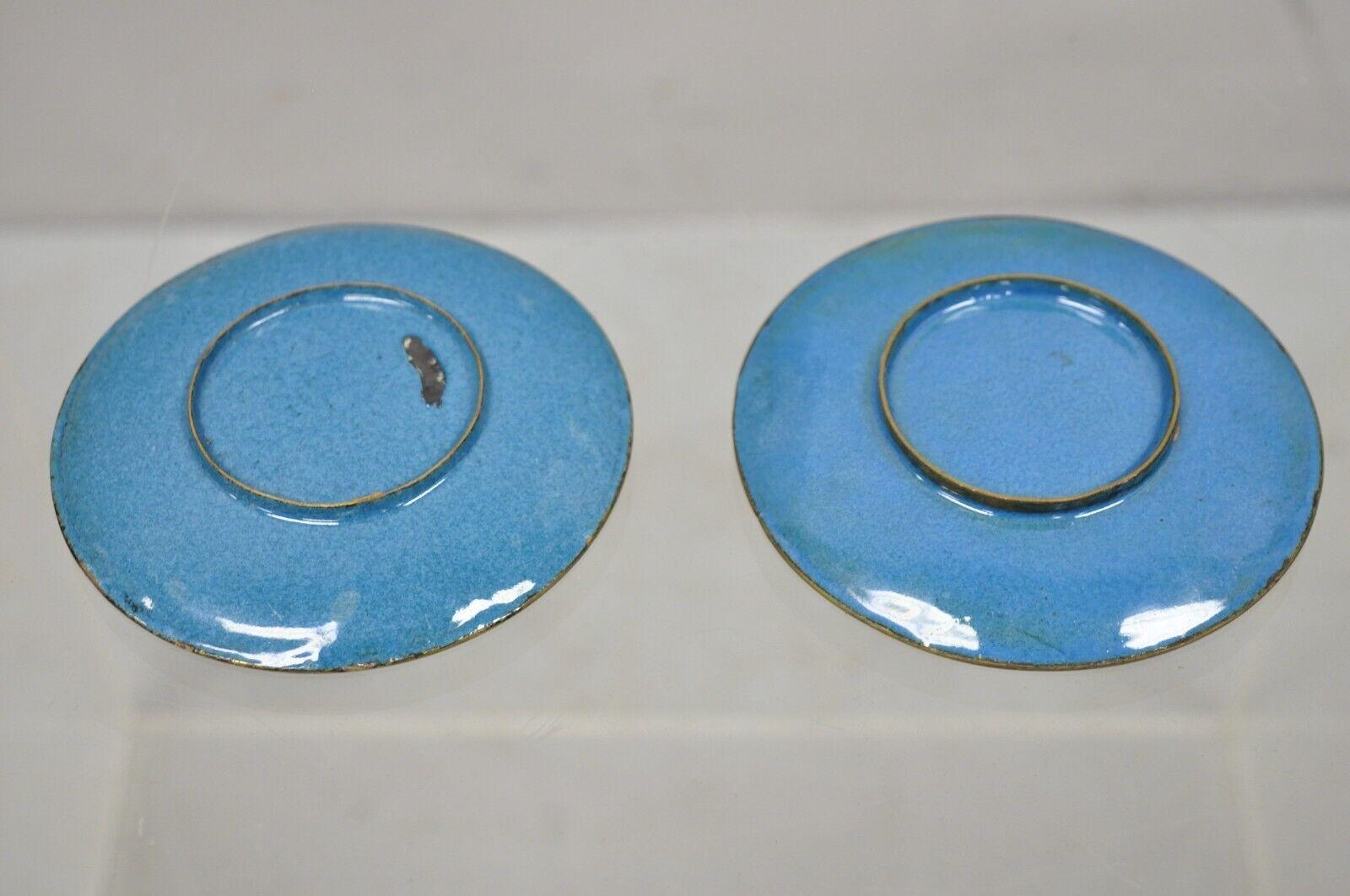 Vintage Brass Enamel Cloisonne Small Trinket Dish Set - Blue For Sale 1