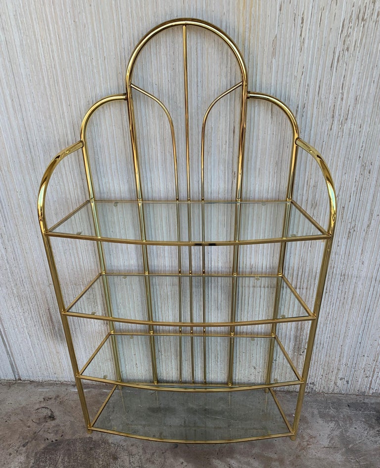 Mid-Century Modern Vintage Brass Étagère Arched Glass Display Shelf with Four Shelves For Sale