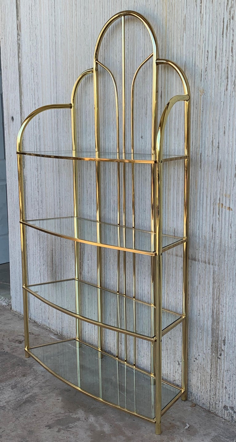 Italian Vintage Brass Étagère Arched Glass Display Shelf with Four Shelves For Sale