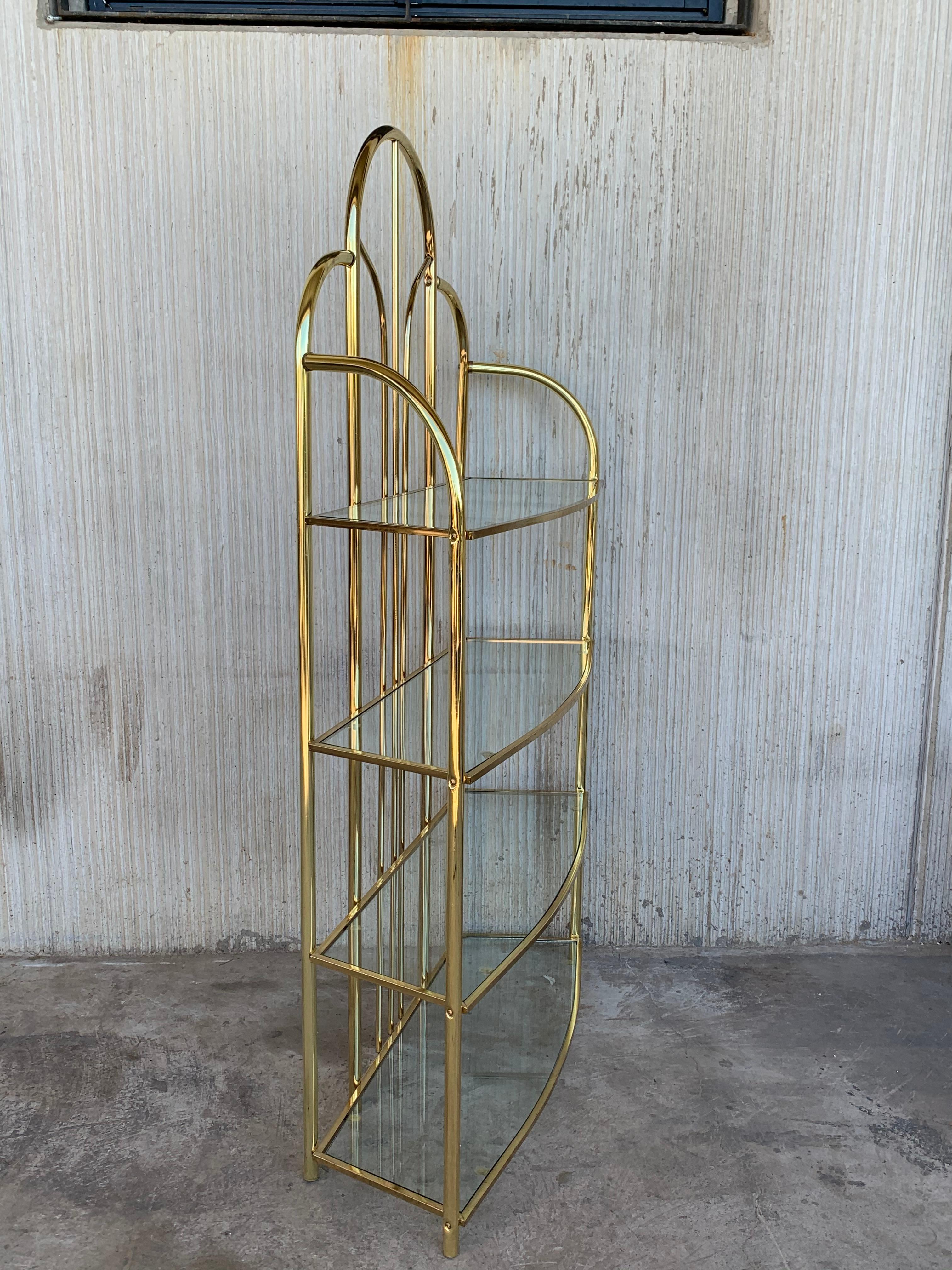 Mid-Century Modern Vintage Brass Étagère Arched Glass Display Shelf with Four Shelves