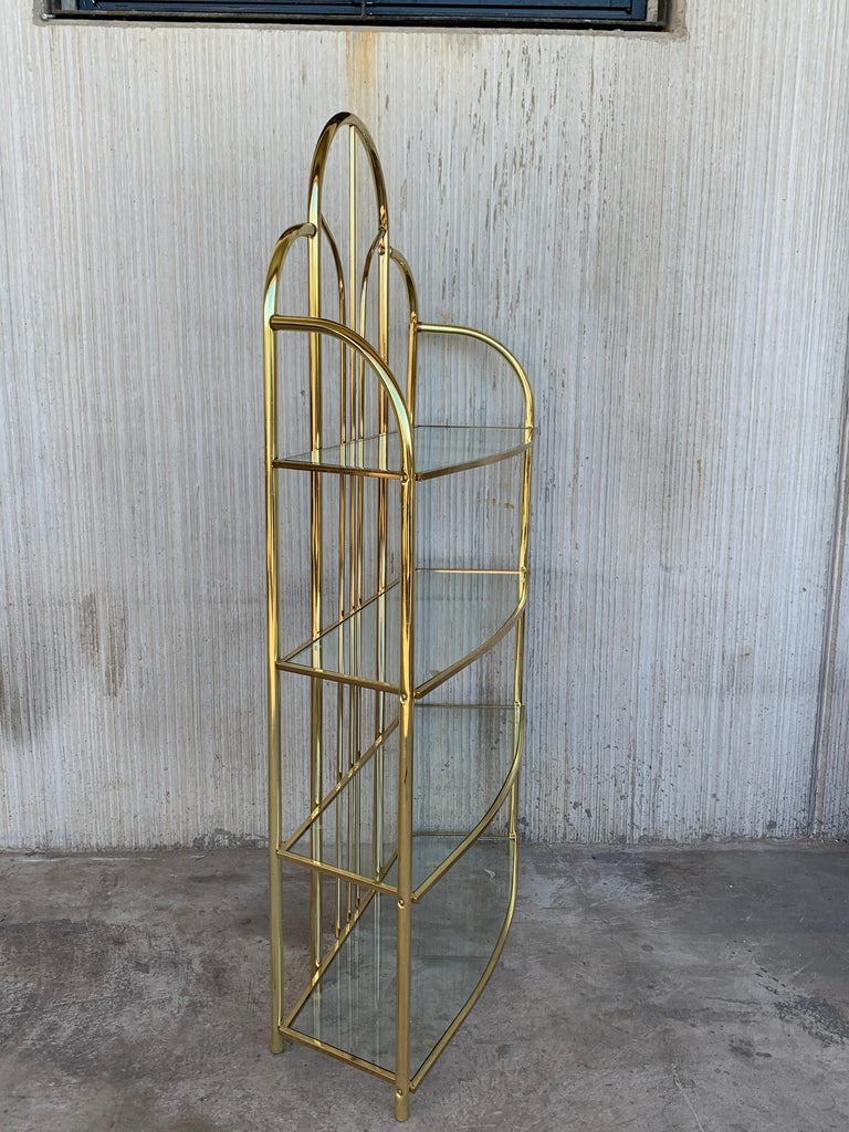 20th Century Vintage Brass Étagère Arched Glass Display Shelf with Four Shelves For Sale