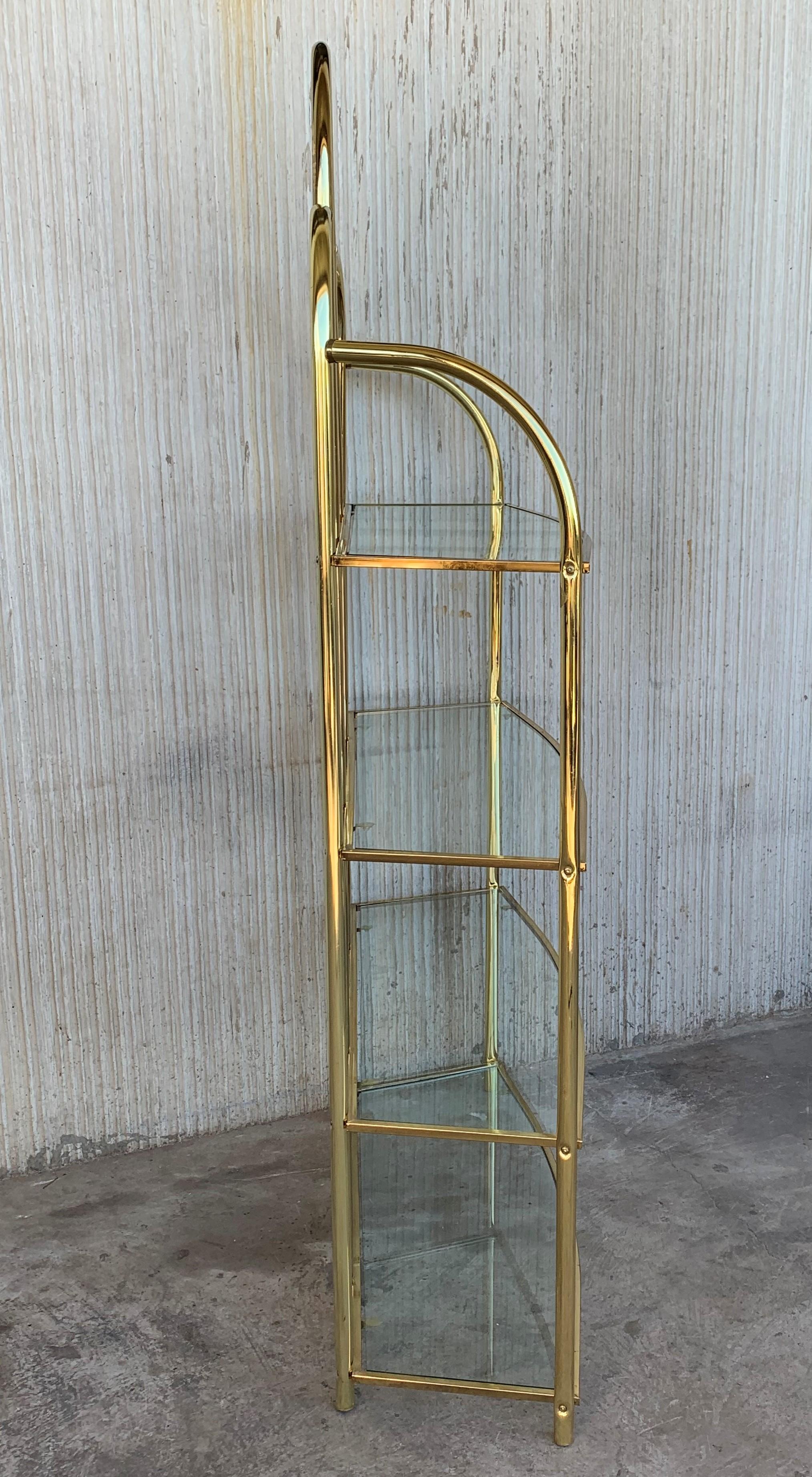 Italian Vintage Brass Étagère Arched Glass Display Shelf with Four Shelves