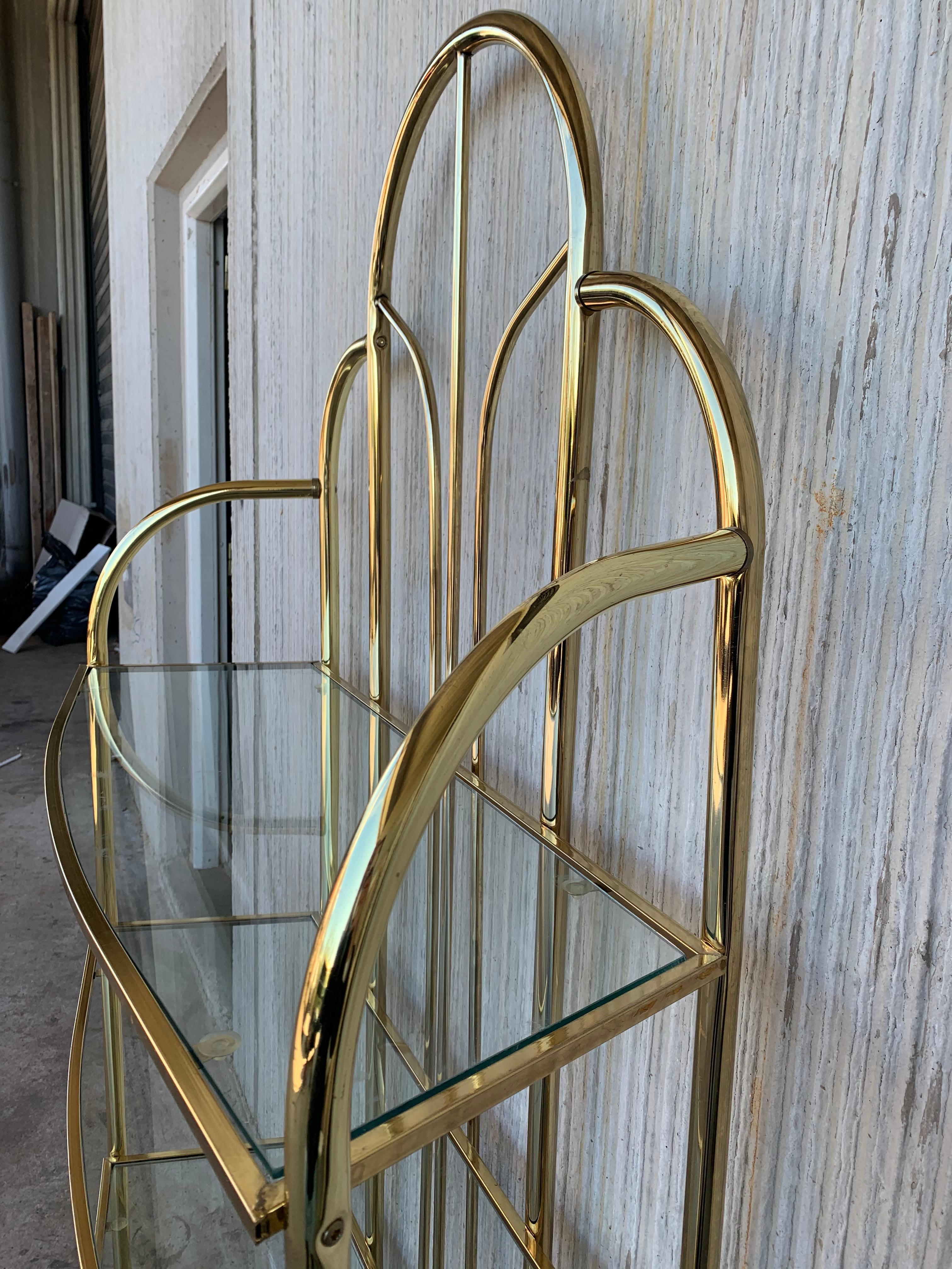 20th Century Vintage Brass Étagère Arched Glass Display Shelf with Four Shelves