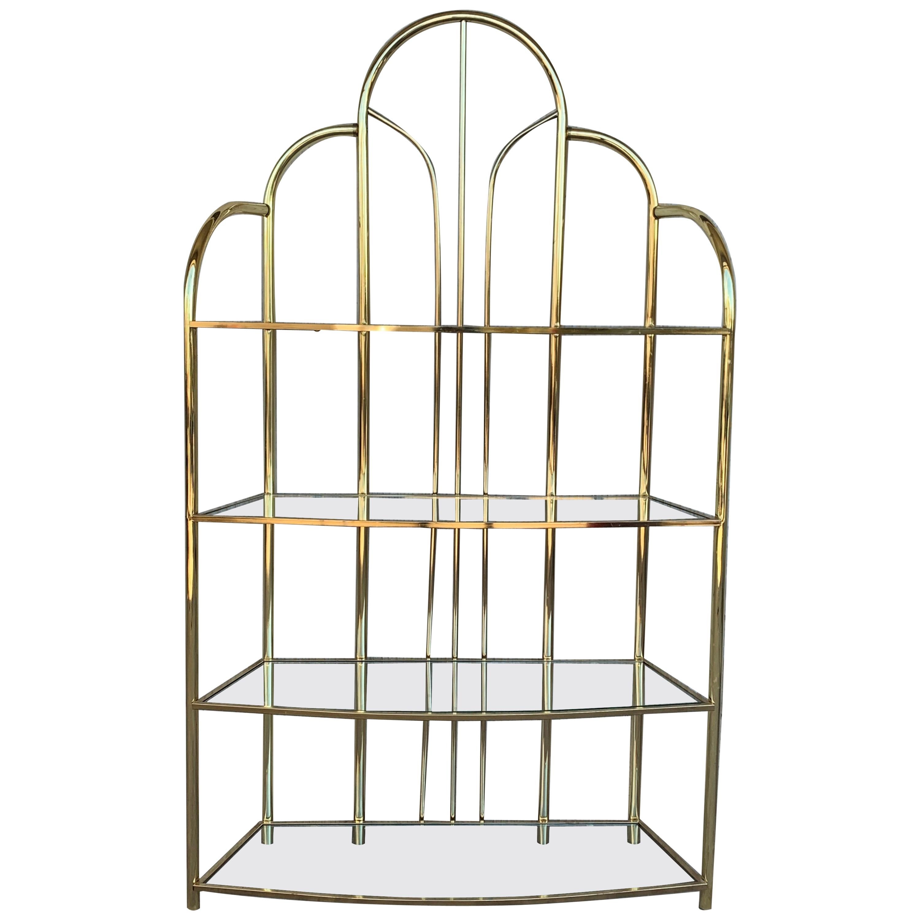 Vintage Brass Étagère Arched Glass Display Shelf with Four Shelves