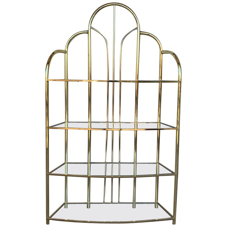 Vintage Brass Étagère Arched Glass Display Shelf with Four Shelves For Sale