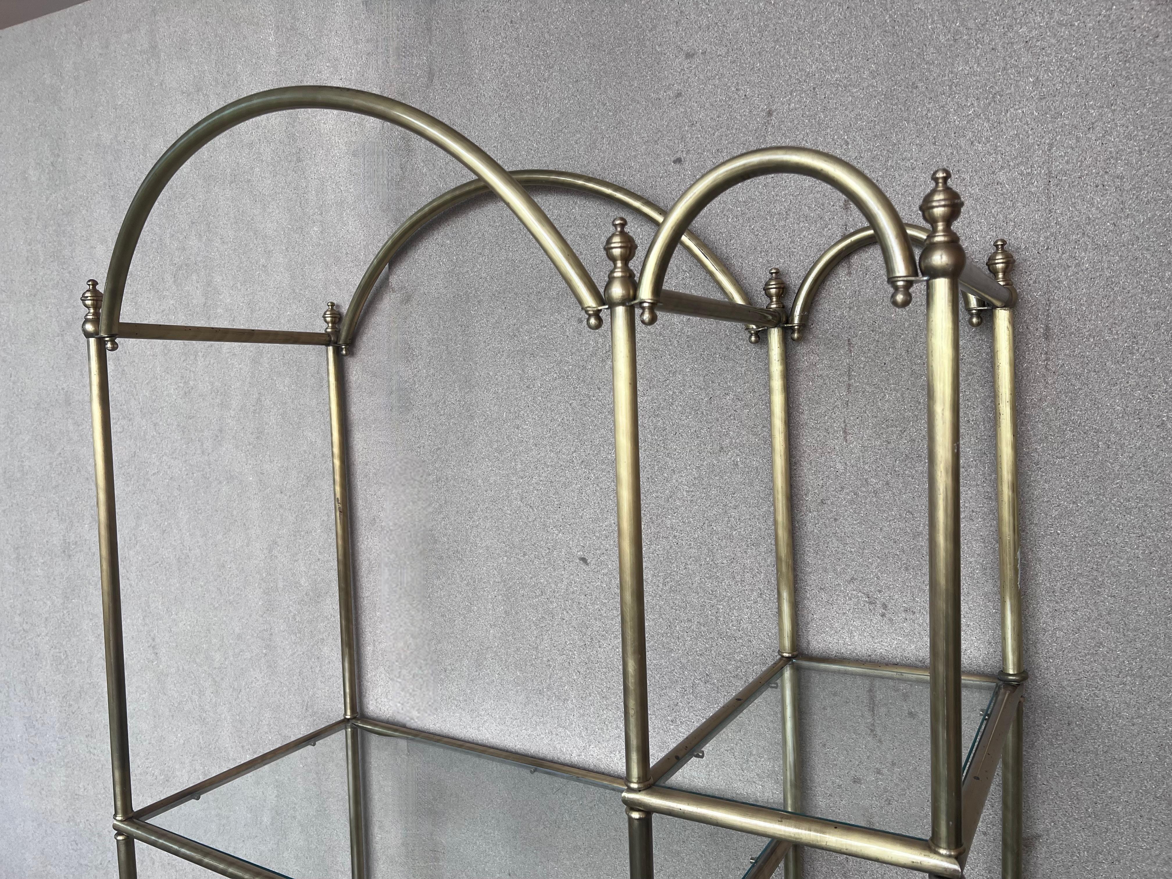 Mid-Century Modern Vintage Brass Étagère Arched Glass Display Shelf with Three + Four Shelves For Sale