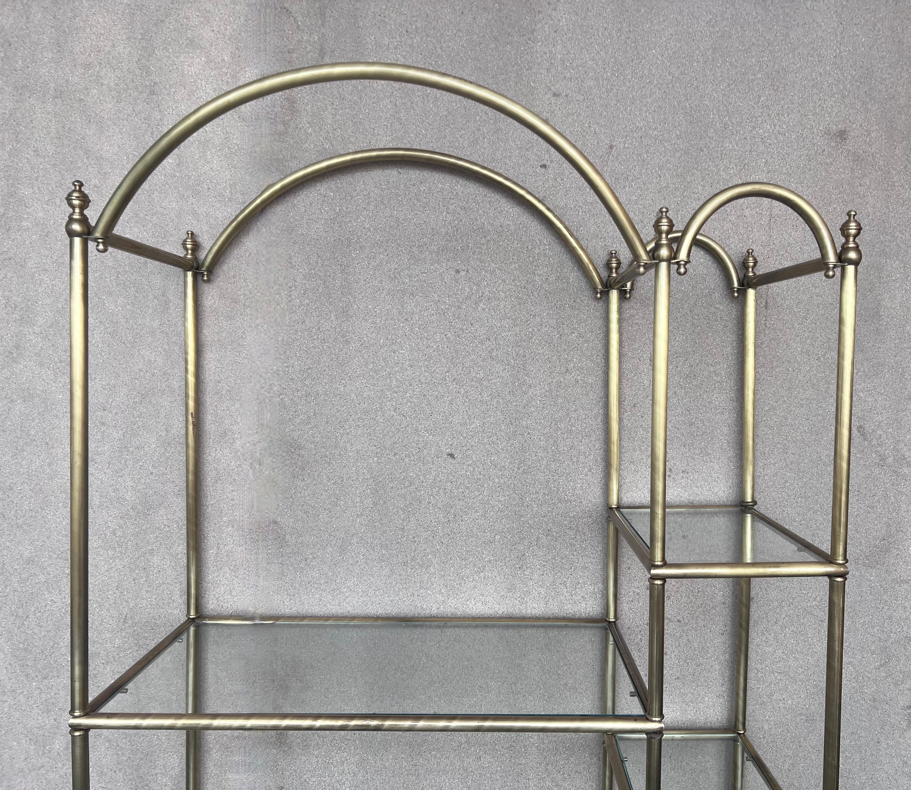 Vintage Brass Étagère Arched Glass Display Shelf with Three + Four Shelves In Good Condition For Sale In Miami, FL