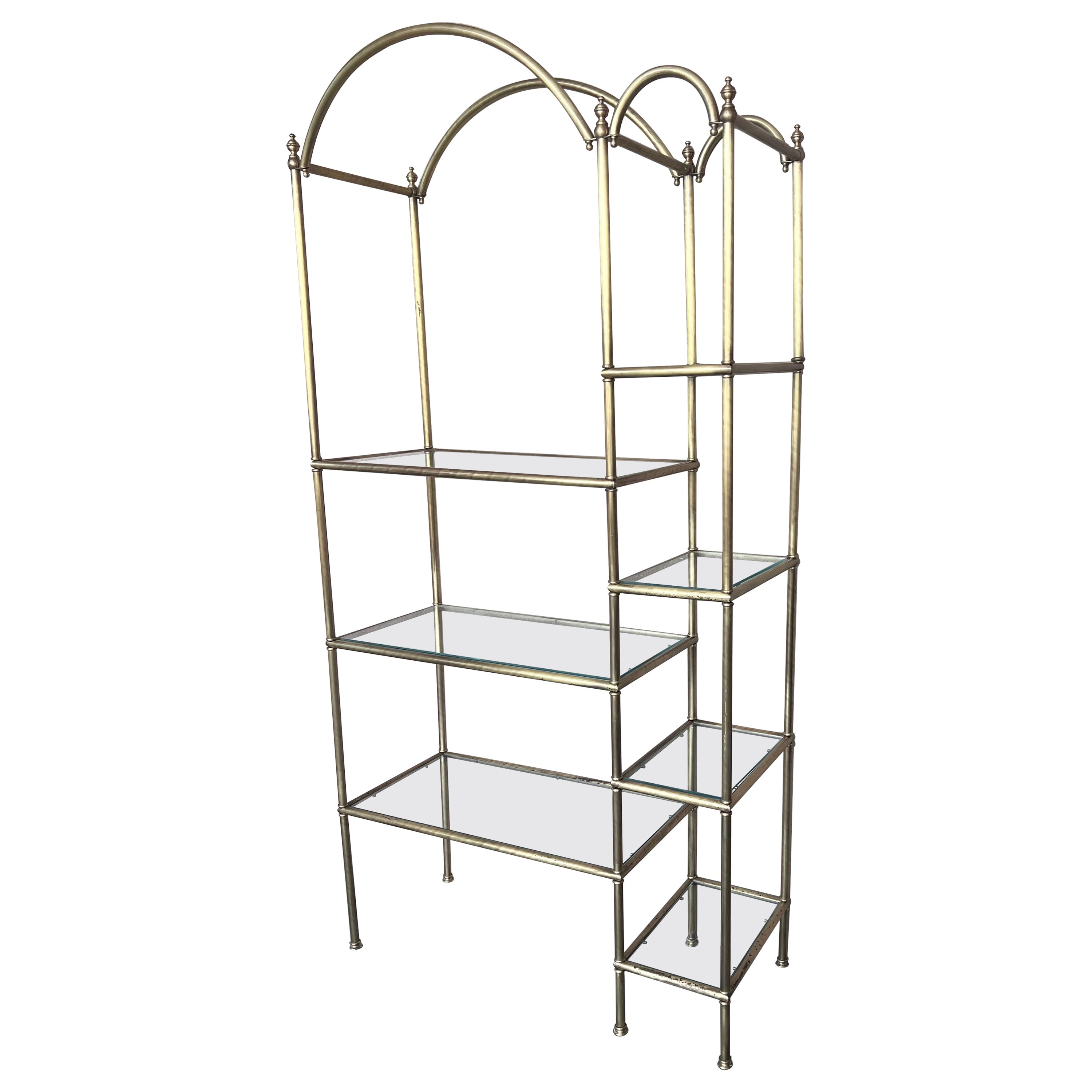 Vintage Brass Étagère Arched Glass Display Shelf with Three + Four Shelves