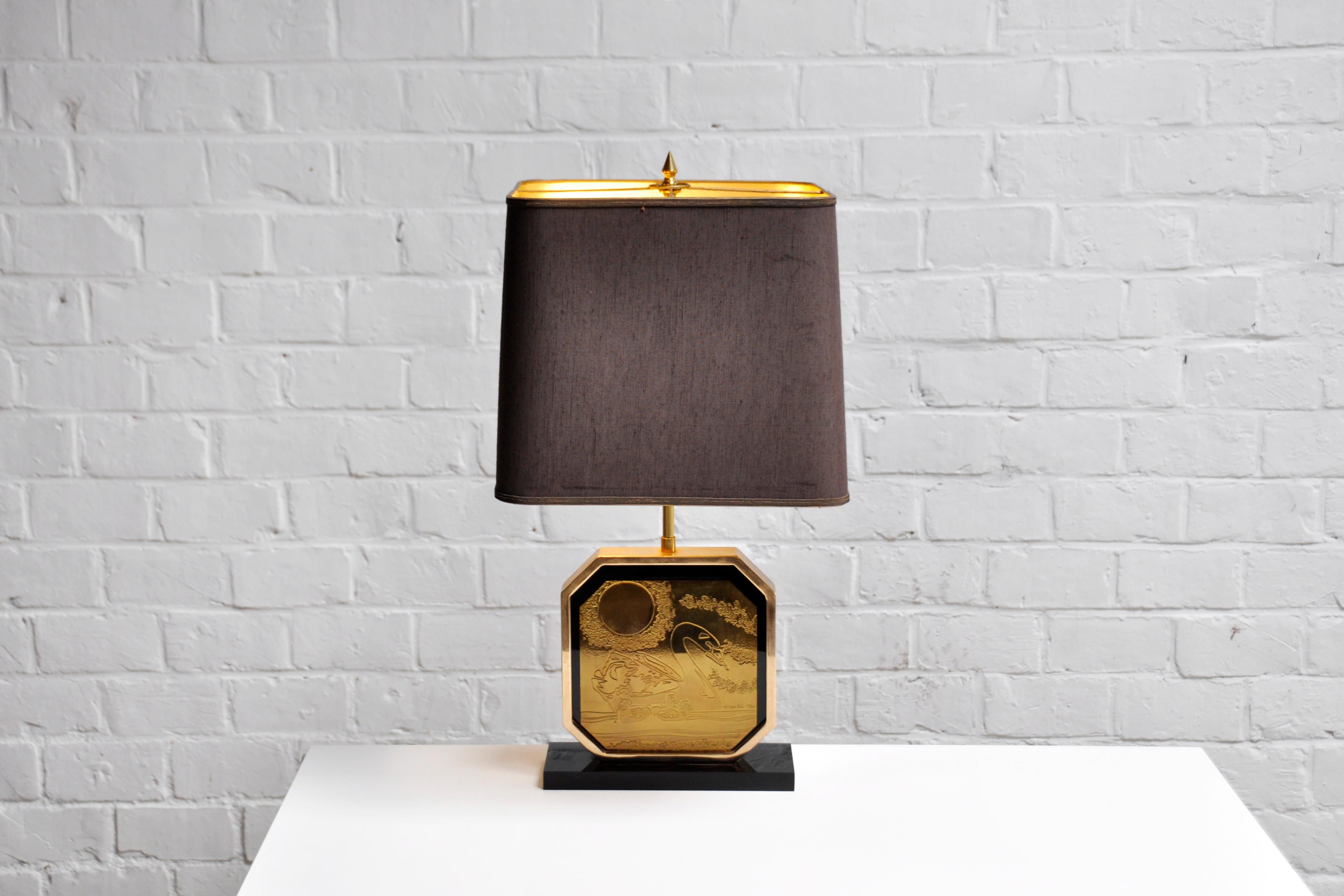 Vintage Brass Etched 23CT Gold Table Lamp by Georges Mathias, Belgium For Sale 4