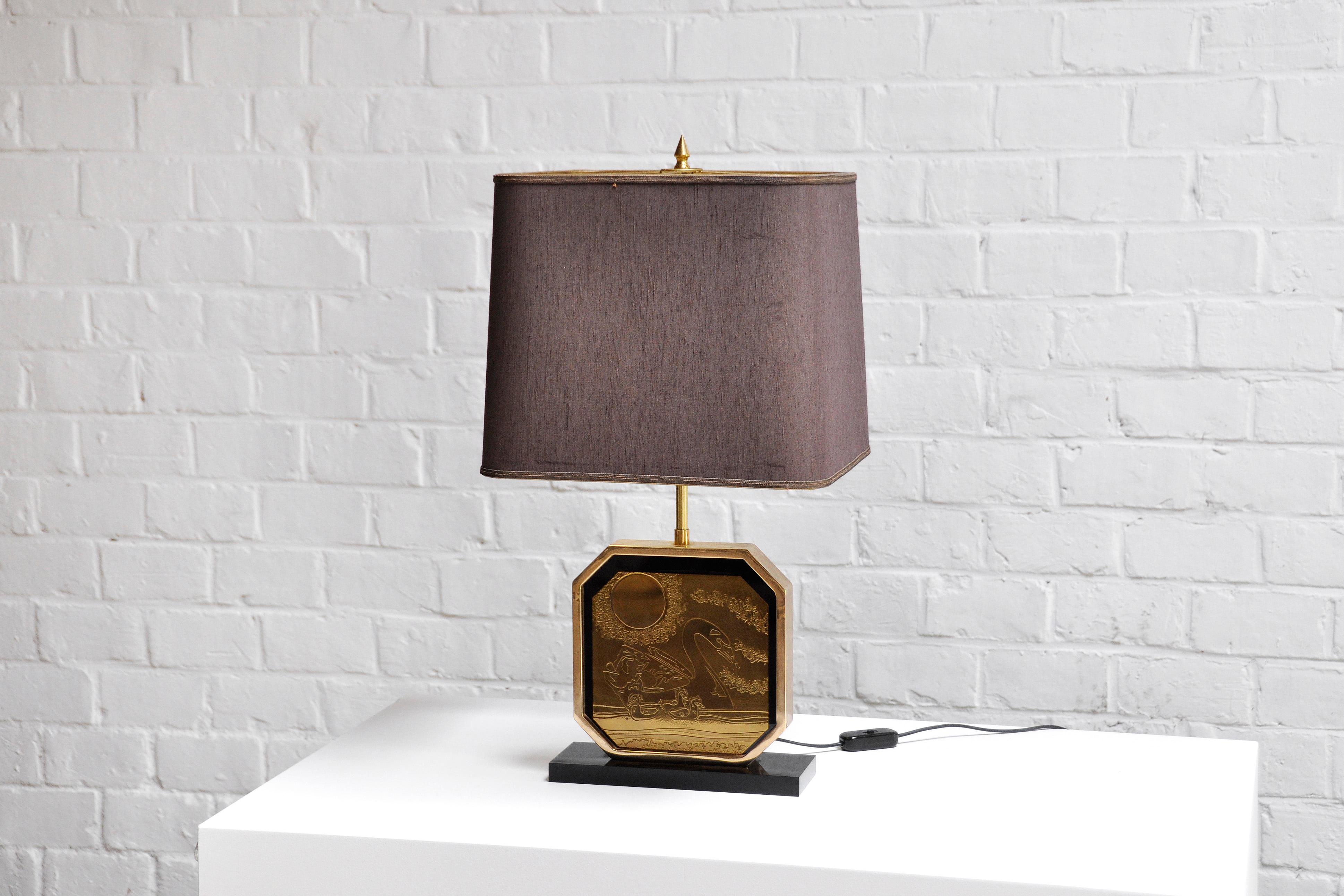 Late 20th Century Vintage Brass Etched 23CT Gold Table Lamp by Georges Mathias, Belgium For Sale