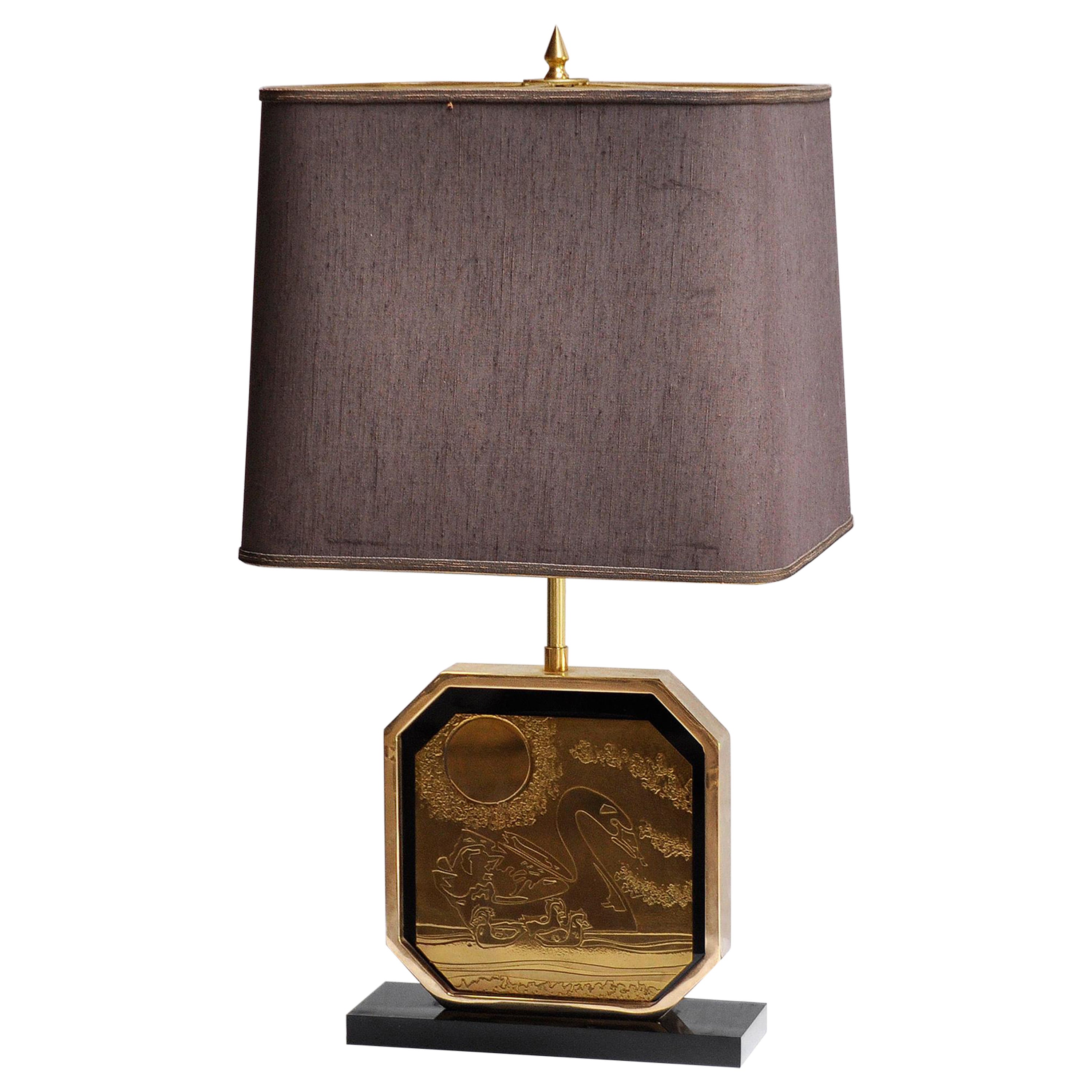 Lampe de bureau vintage en laiton gravé et doré 23 carats par Georges Mathias, Belgique