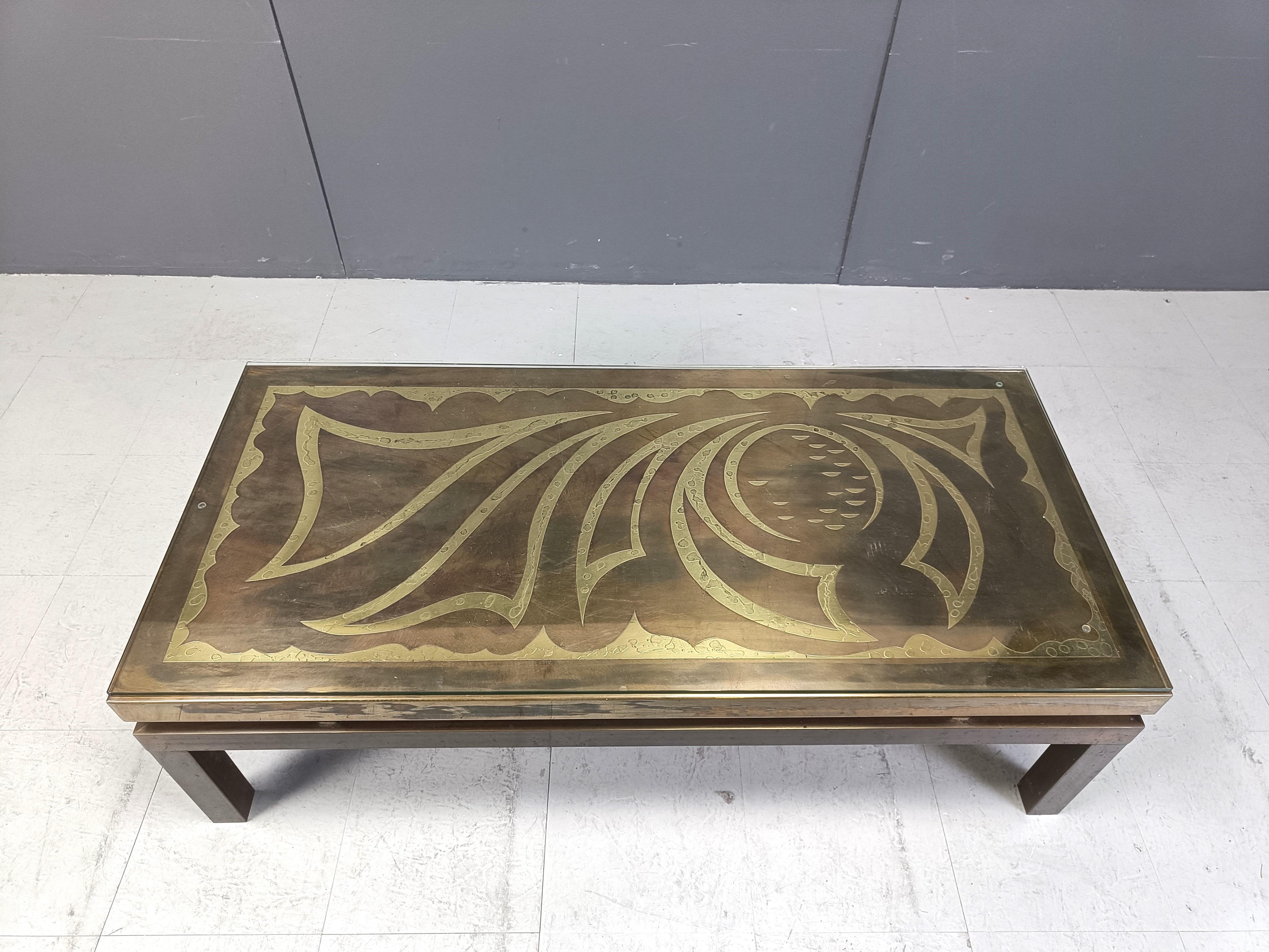 Hollywood Regency Vintage brass etched coffee tably by Willy Daro, 1970s For Sale