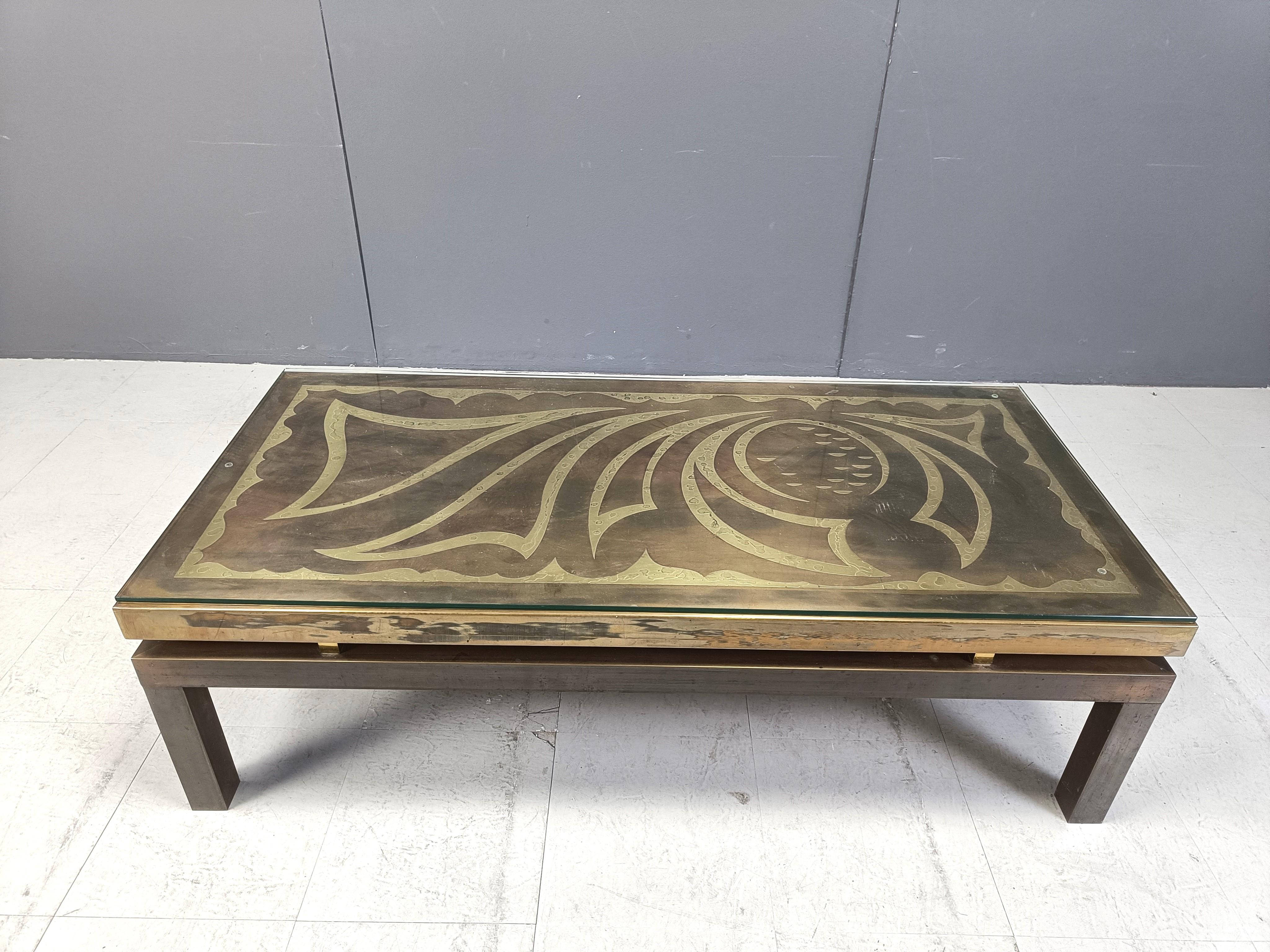 Belgian Vintage brass etched coffee tably by Willy Daro, 1970s For Sale