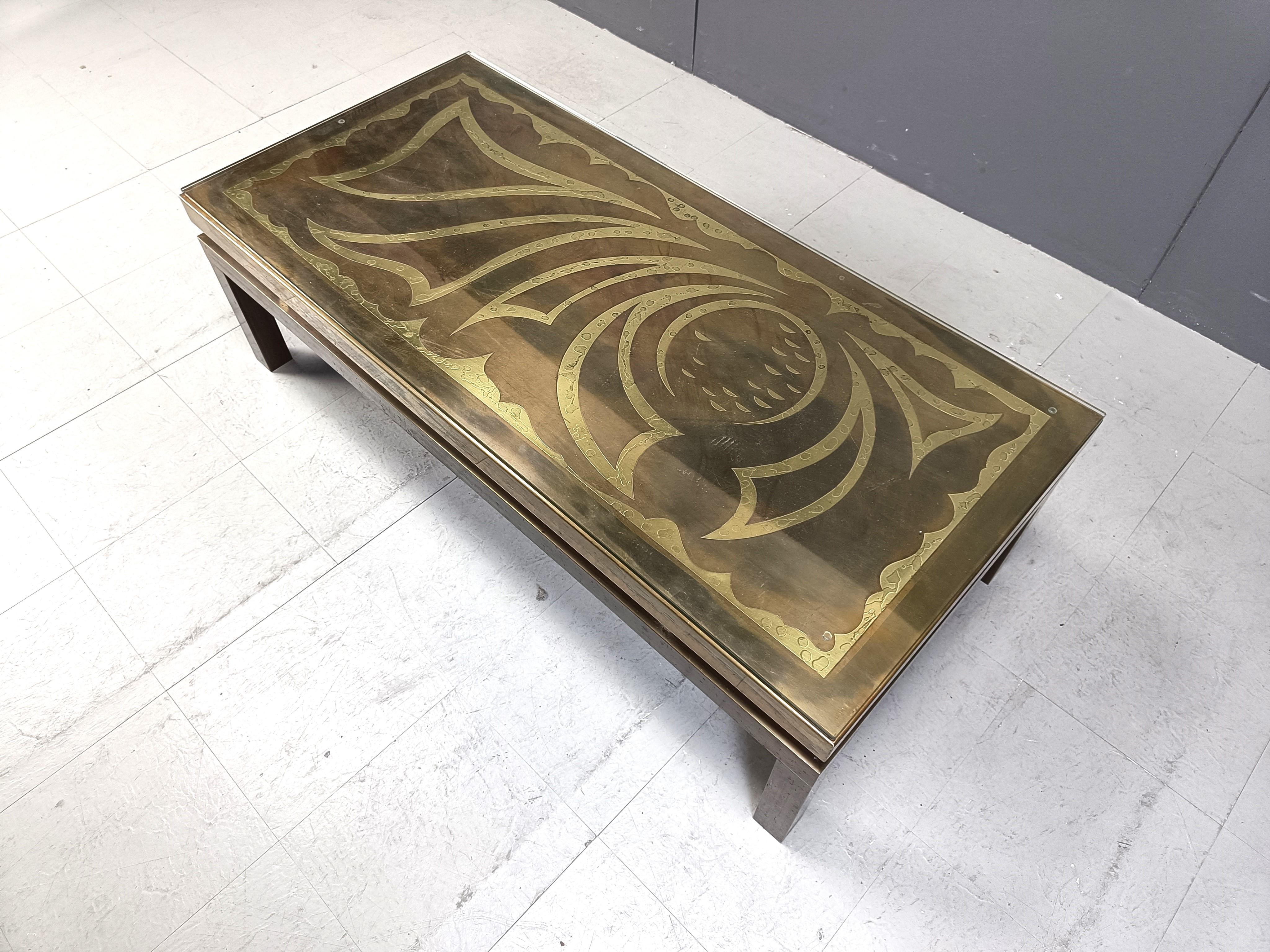 Brass Vintage brass etched coffee tably by Willy Daro, 1970s For Sale