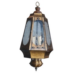 Vintage Brass Etched Glass Swag Pendant Light Lantern Chandelier 24" 