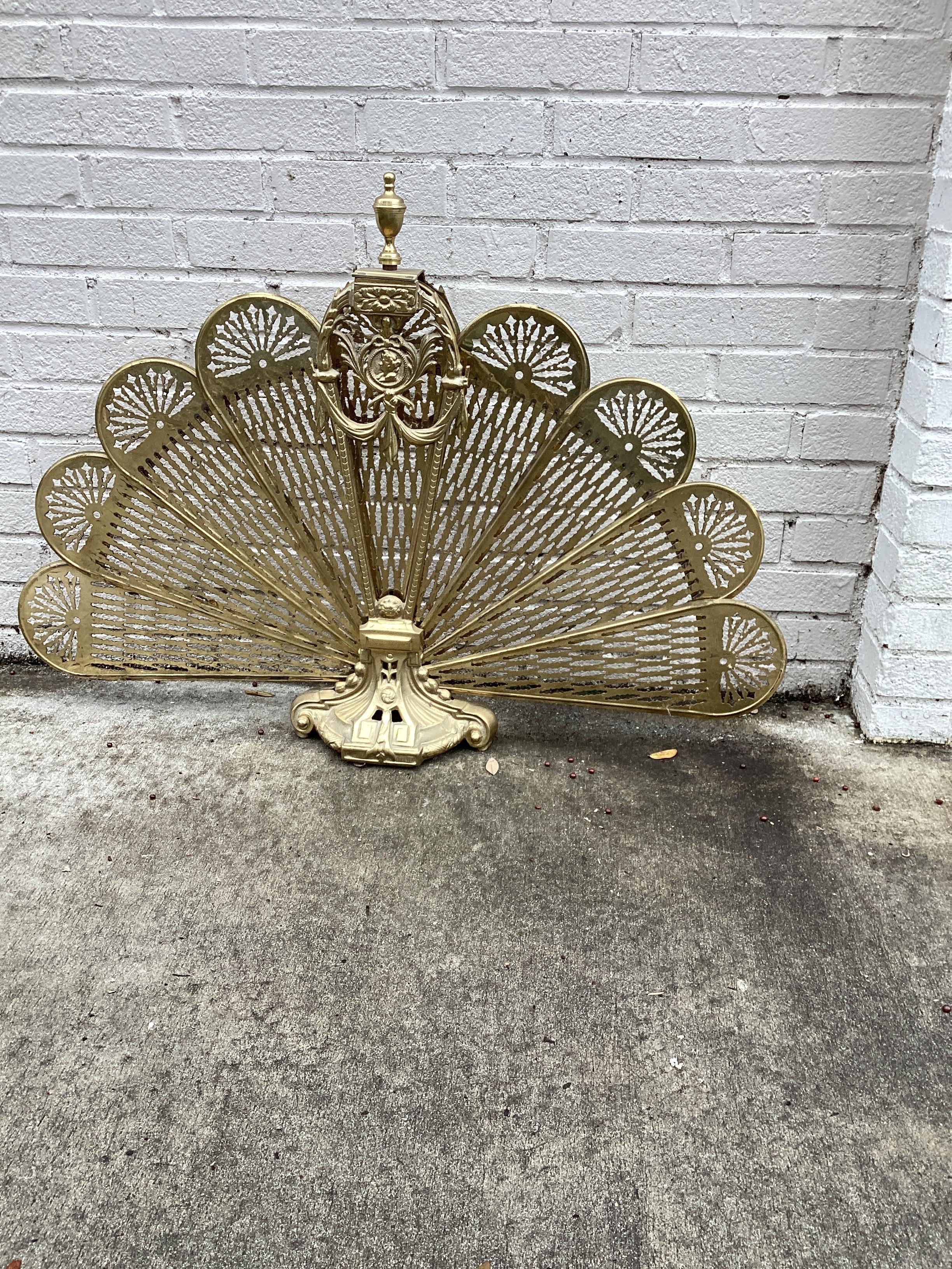 Vintage Brass Fan Peacock Fire Screen For Sale 3
