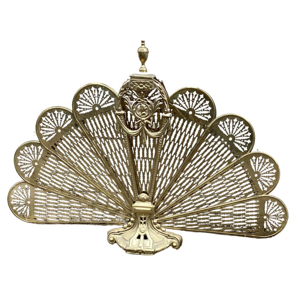 20th Century Hollywood Regency Brass Shell Motif Peacock Fireplace Fan ...