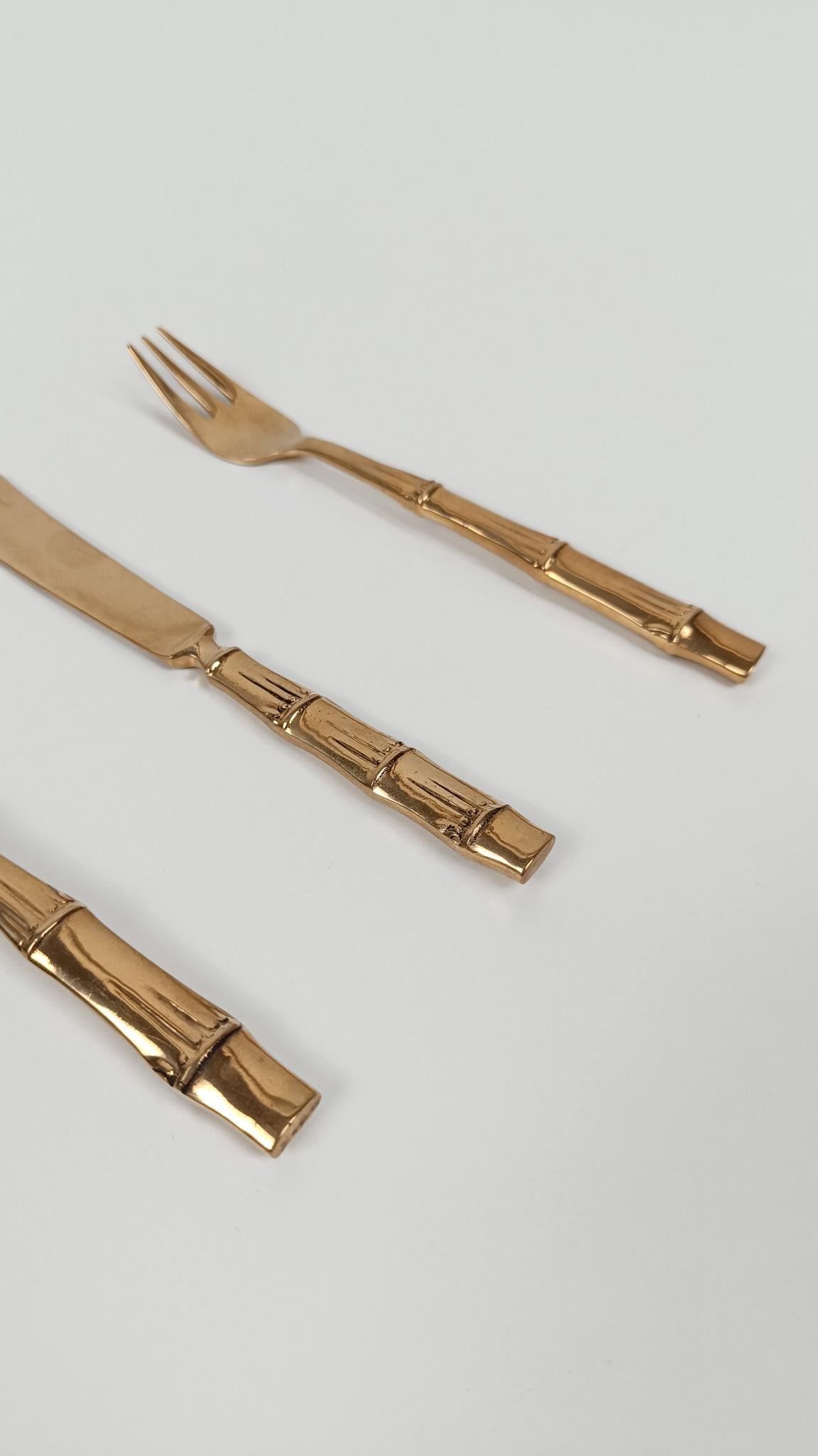 Vintage Brass Faux Bamboo Flatware, Dessert Set in Hollywood Regency Style, 70s For Sale 6