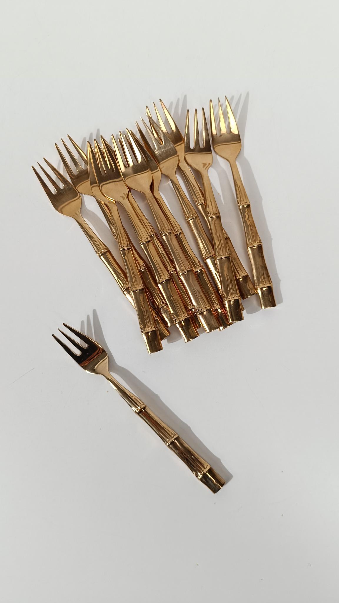 Vintage Brass Faux Bamboo Flatware, Dessert Set in Hollywood Regency Style, 70s For Sale 8